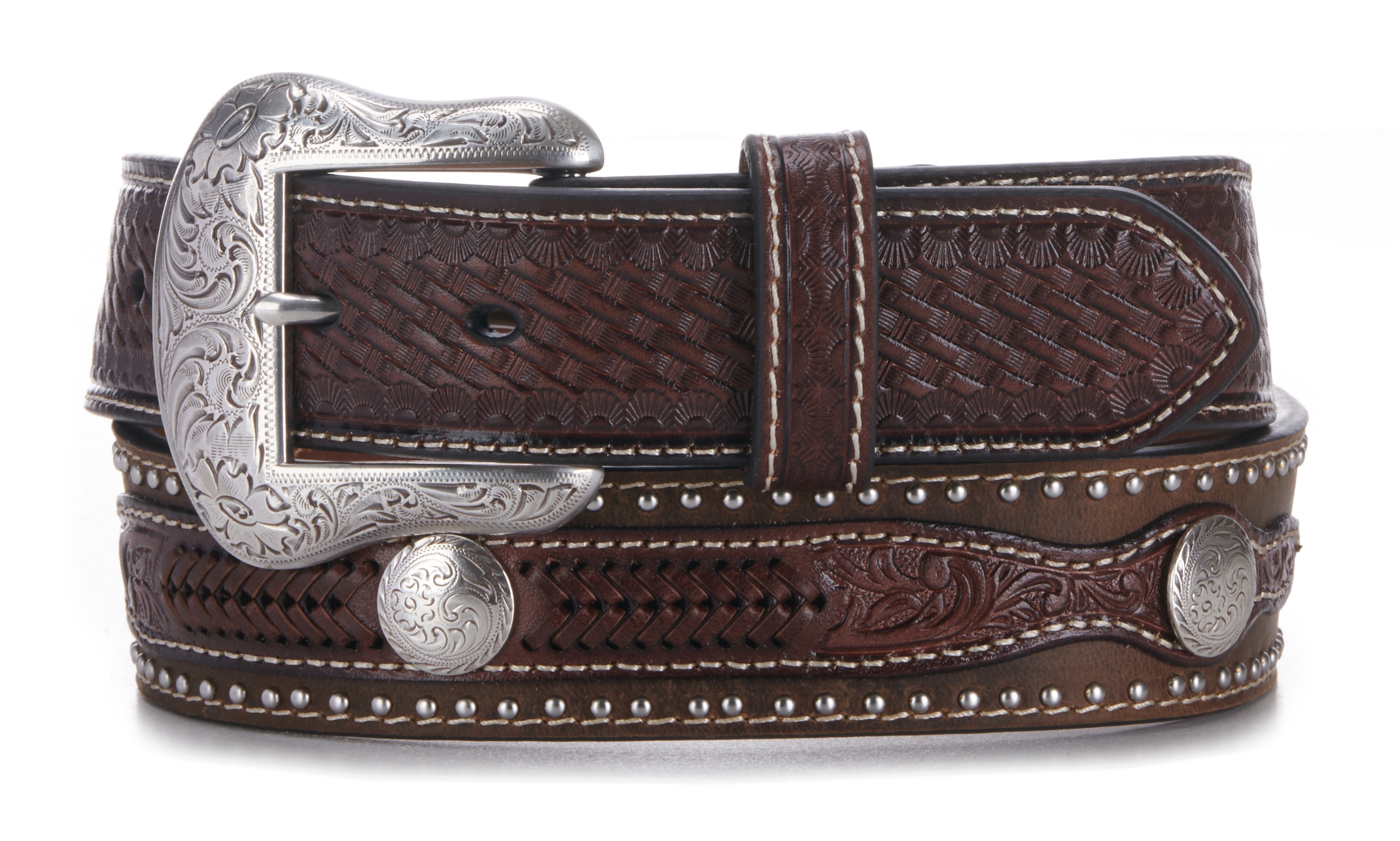 Cavenders 9756044 34 CBC Mens Embossed Overlay 3 Concho Belt Medium Brown Size 34