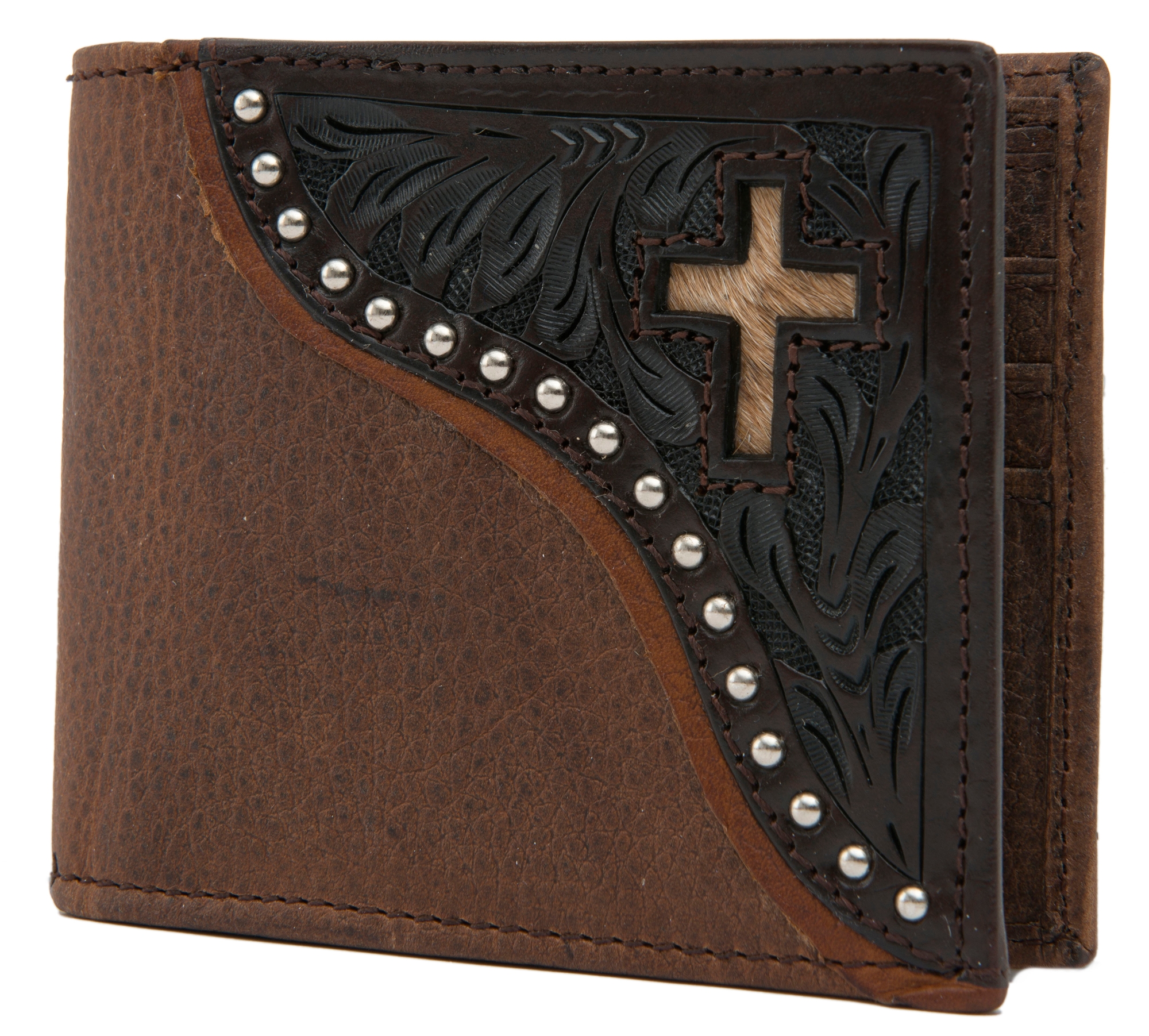 Ranger Belt Company Men s Distressed Brown with Dark Tooling Cross Inlay Bi fold Wallet Cavender s