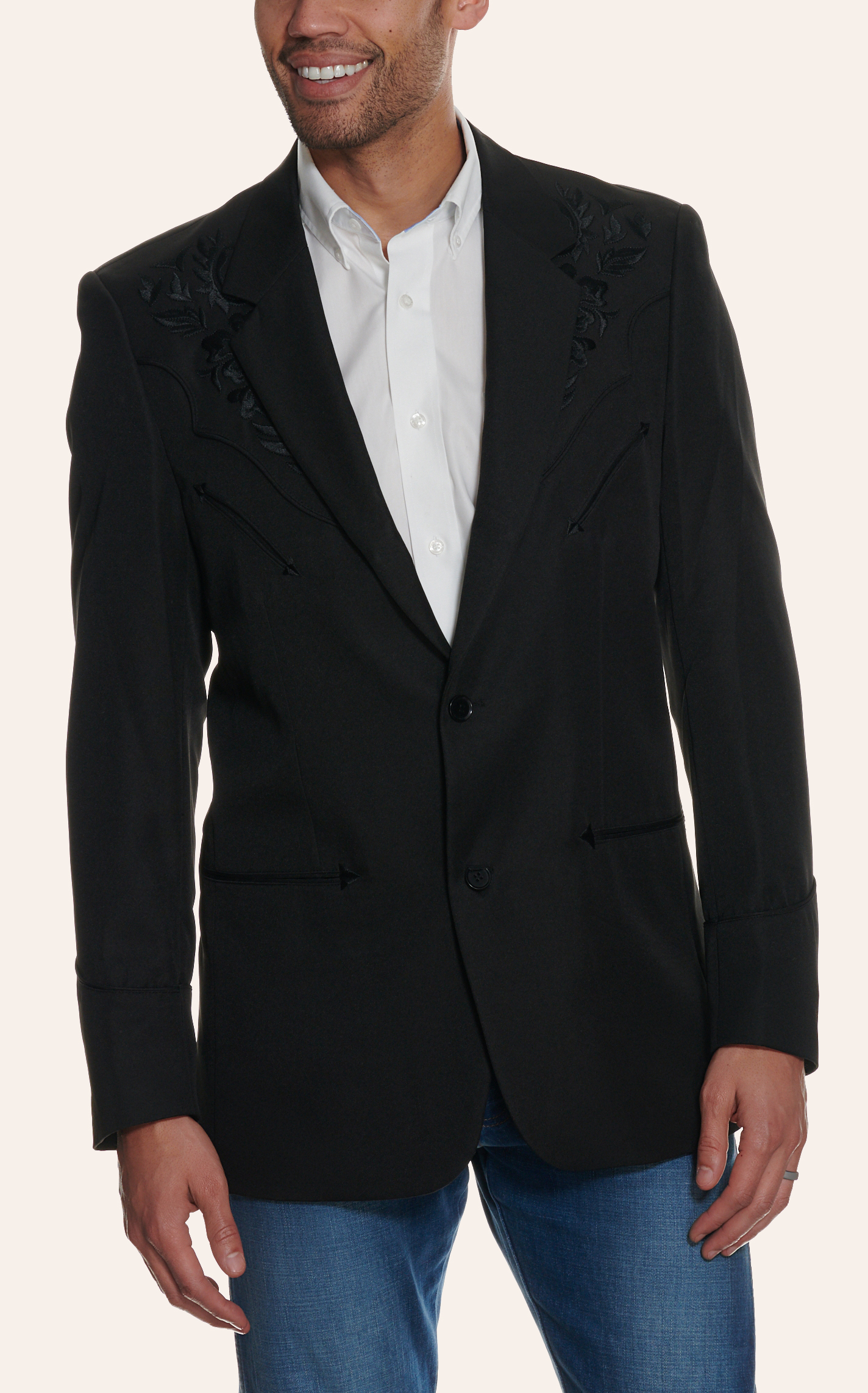 thumbnail image 2 of Scully Black Button Front Men's Blazer With Floral Embroidery - Western Style Formal Jacket P-733 2 of 13