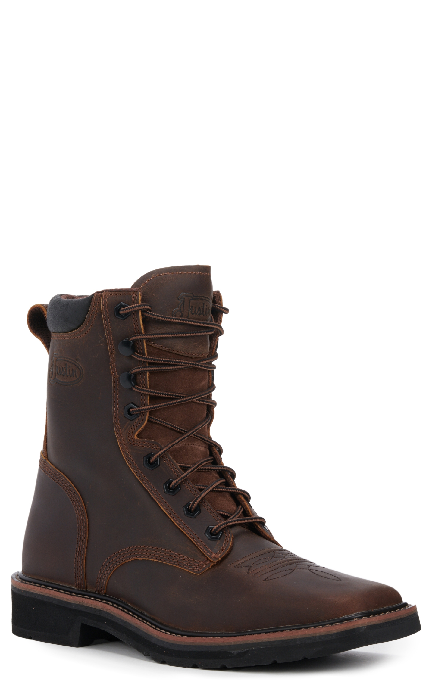 Justin Men's Stampede Pulley Rugged Brown Square Toe Lace Up Work Boot