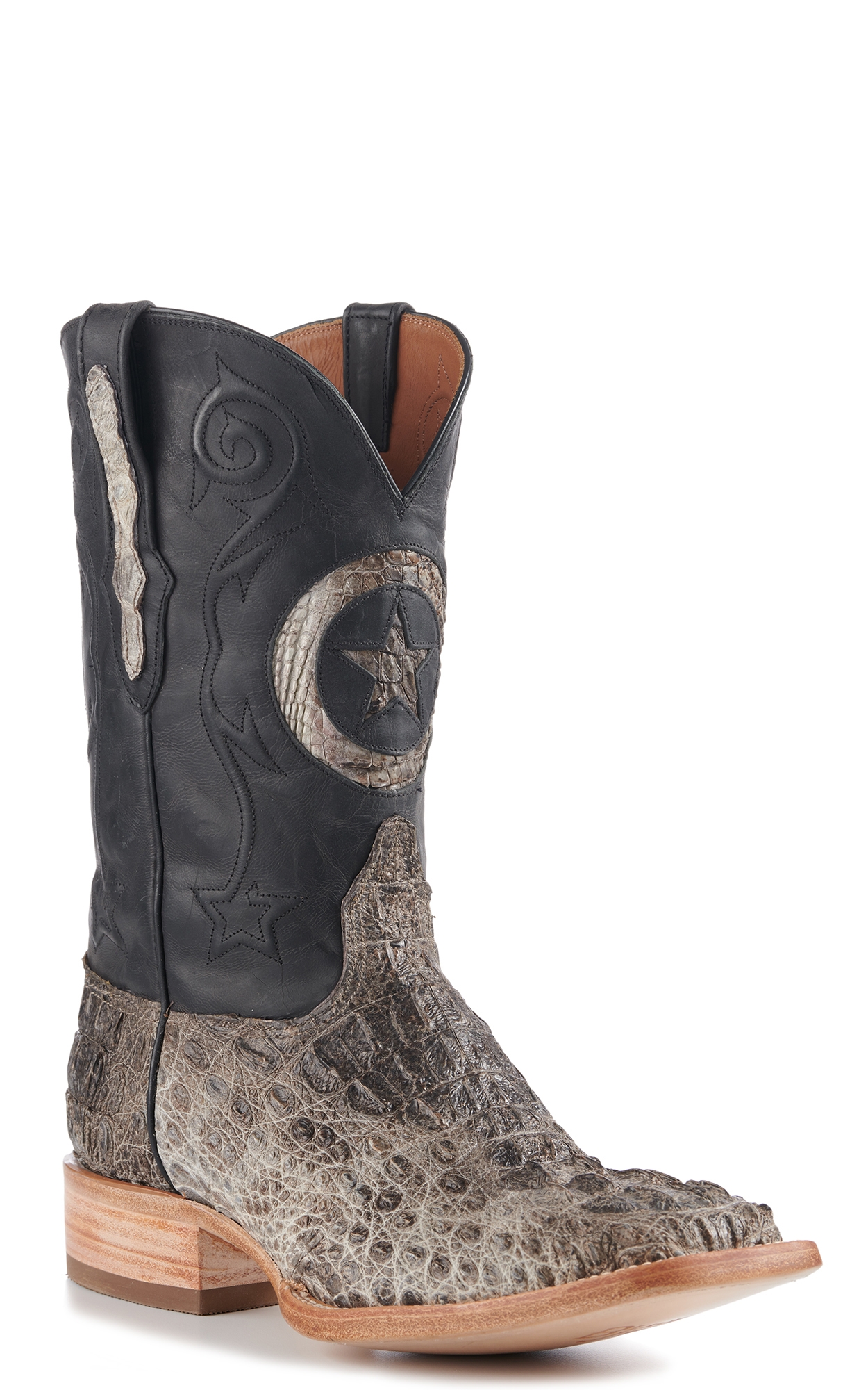 Black Jack Men s Natural Caiman Hornback and Black with Star Inlay Wide Square Toe Exotic Cowboy Boots Cavender s