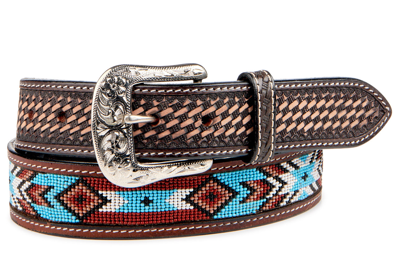 Ranger Belt Company Men s Brown with Blue Beaded Aztec Pattern Western Belt Cavender s Exclusive Cavender s