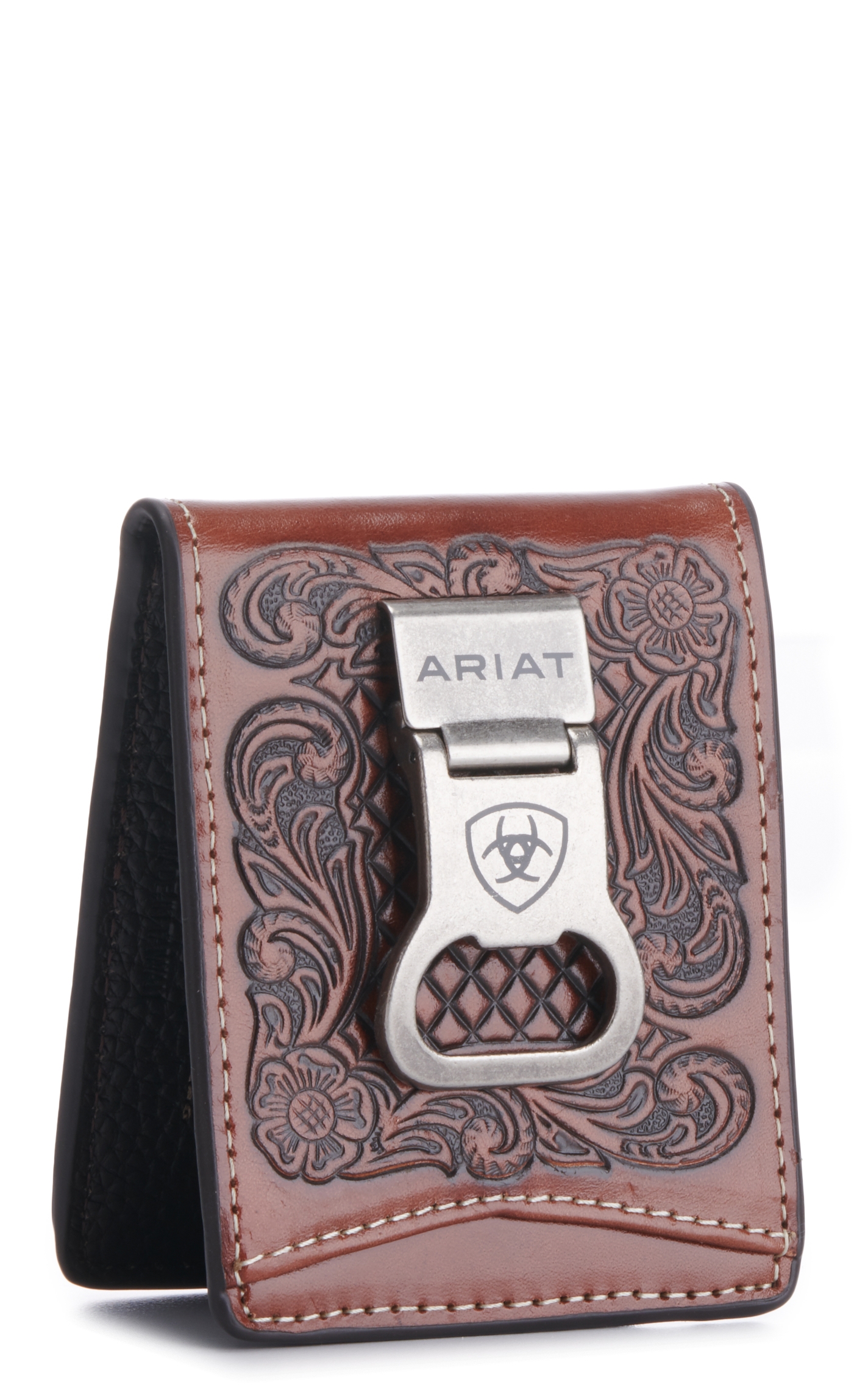 Ariat Men s Brown with Basketweave Tooling Bi Fold Money Clip Bottle Opener Wallet Cavender s