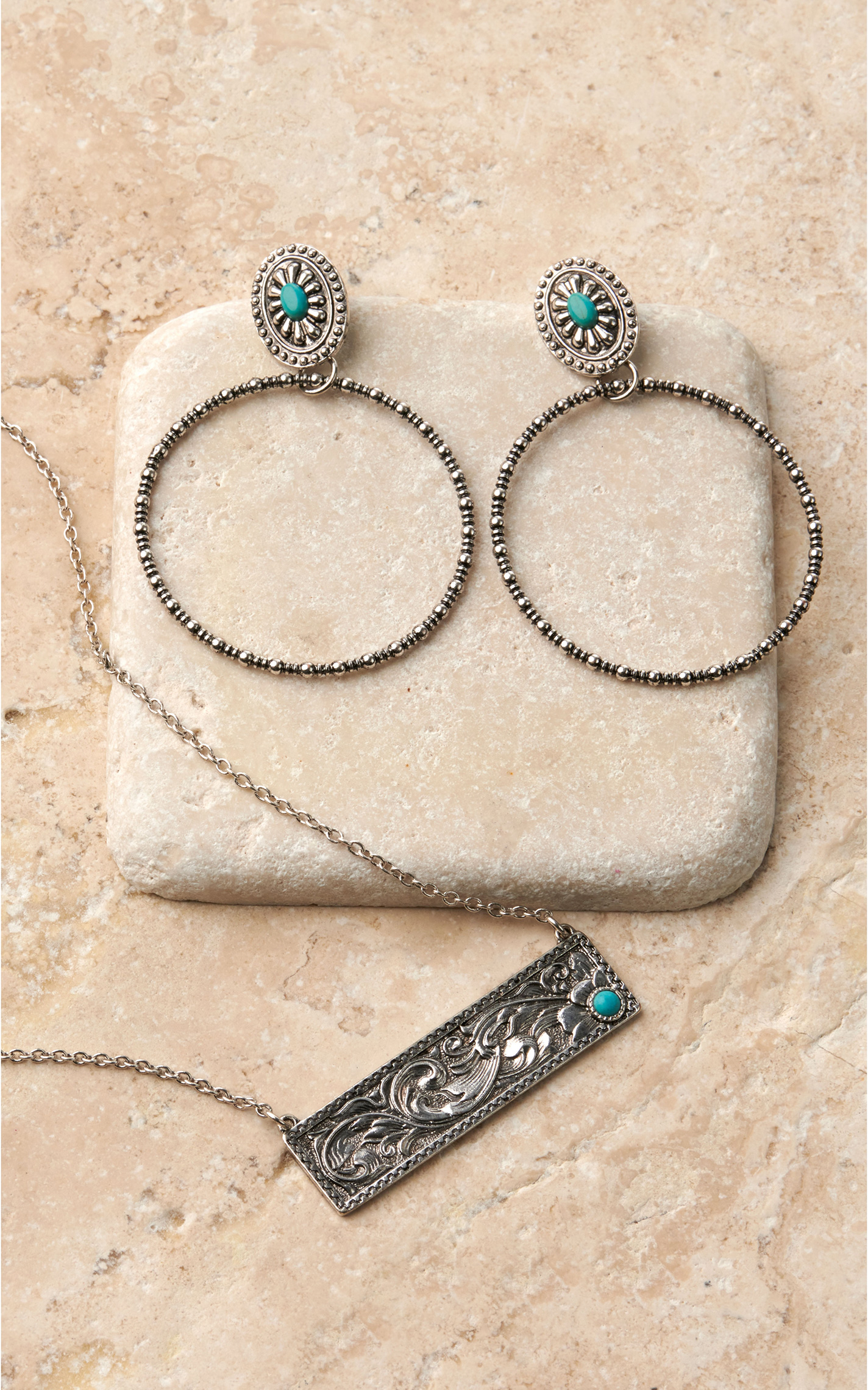 Silver Strike Silver Floral Tooled Bar with Turquoise