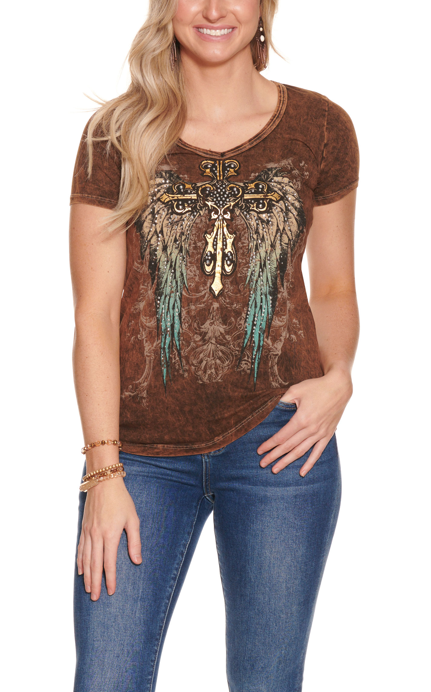 Liberty Wear Women's Deep Brown with Winged Gold Cross Crystals Short Sleeve Tee