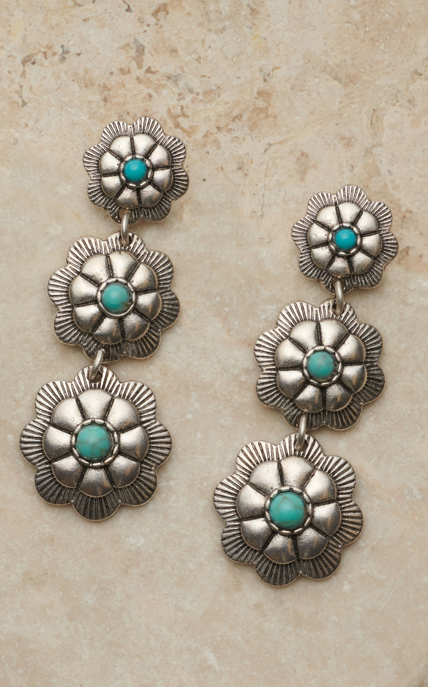 Triple Concho Dangle Earrings with Kingman Turquoise – Sterling Silver, Post Top