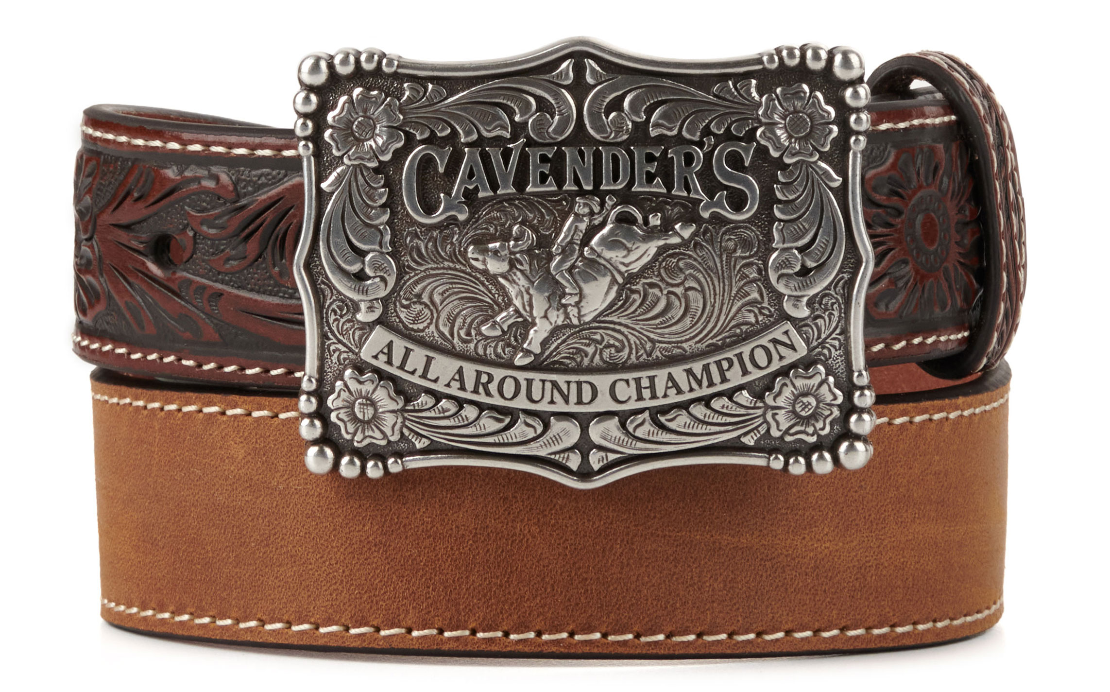 Cavender s Kid s Floral Tooling Silver Champion Etched Buckle Western Belt