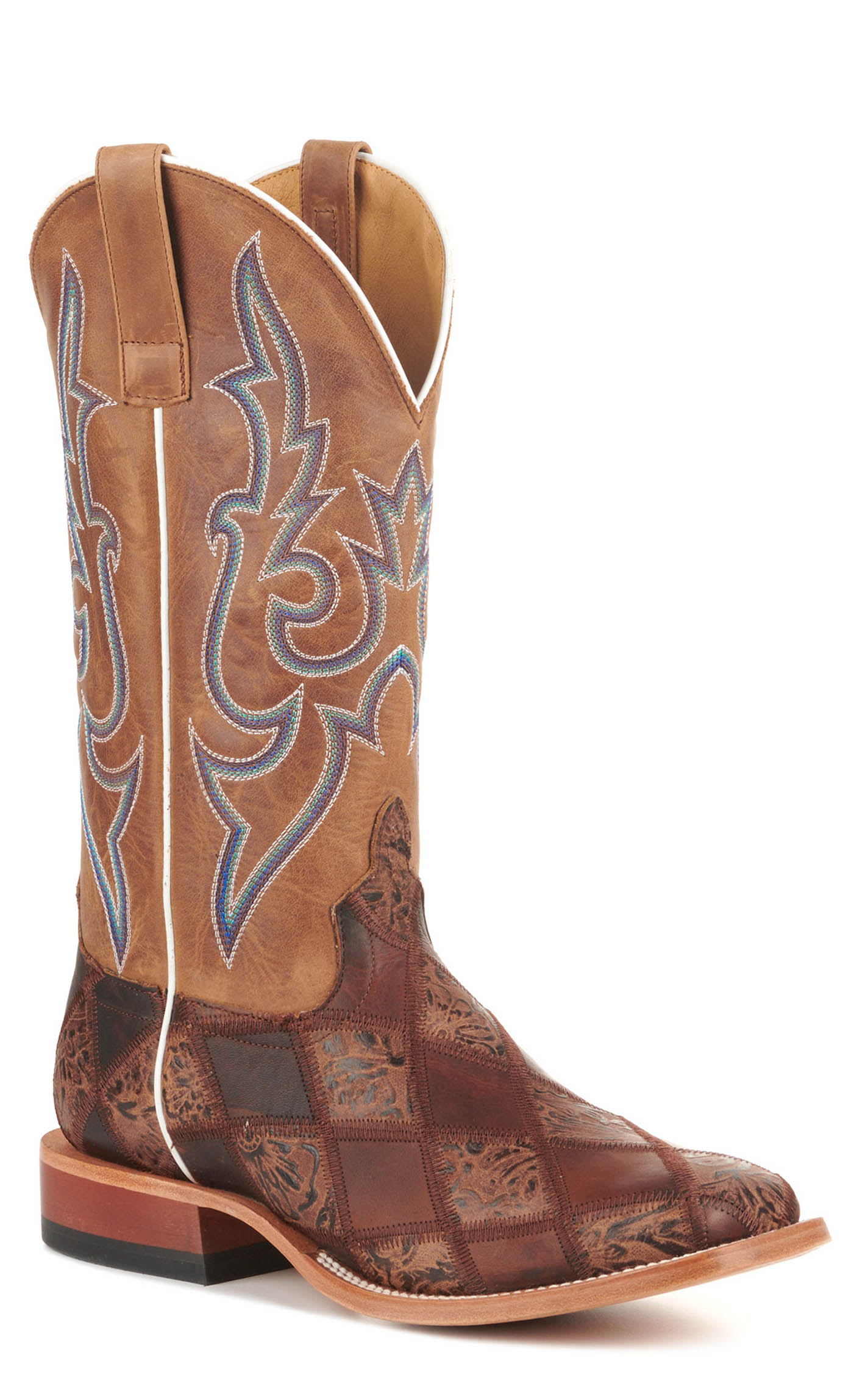 Anderson Bean Men s Horse Power Brown Patchwork and Tan Wide Square Toe Cowboy Boots