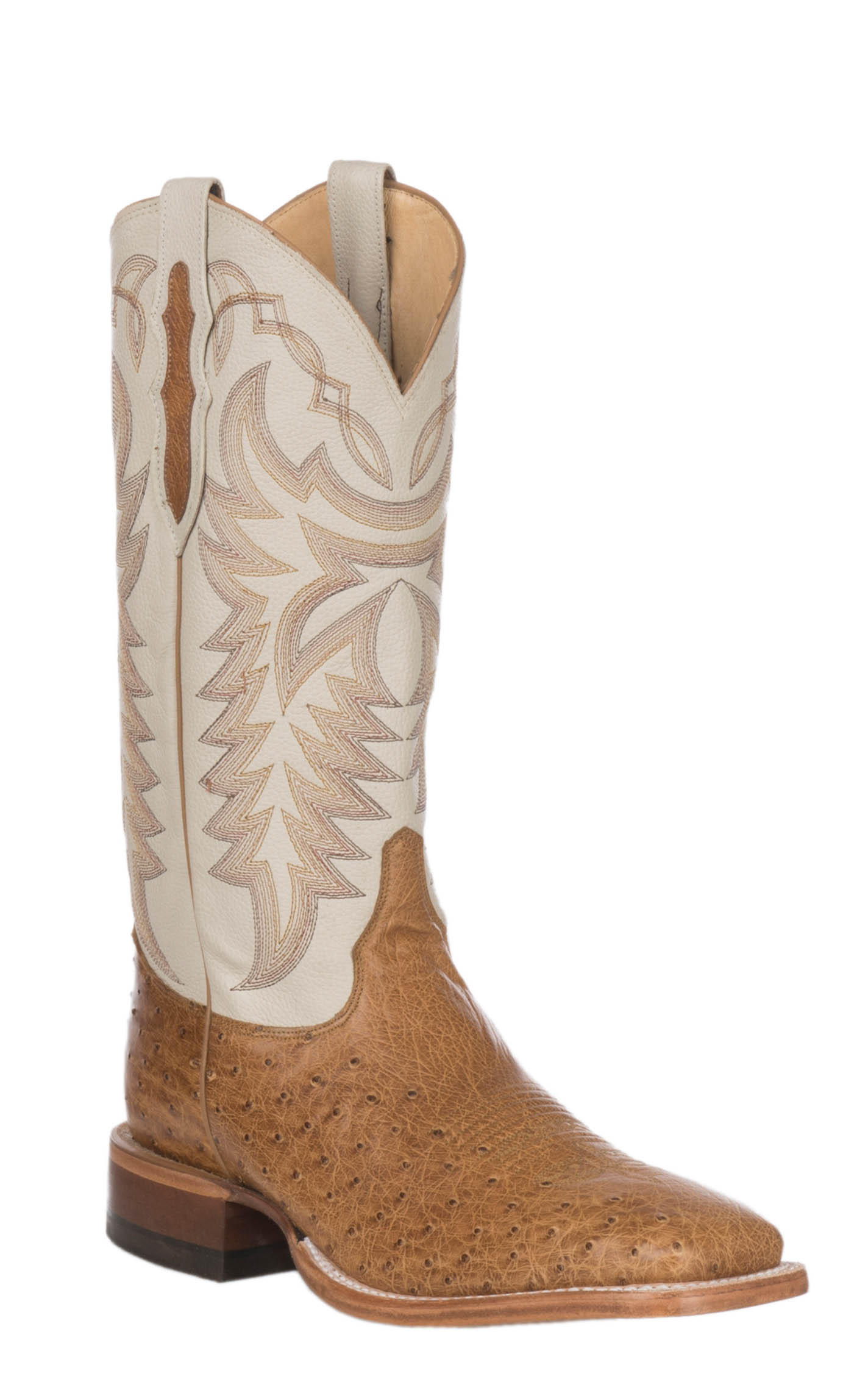 Justin Men s Pascoe Ivory and Antique Saddle Brown Smooth Ostrich Wide Square Toe Exotic Cowboy Boots Cavender s