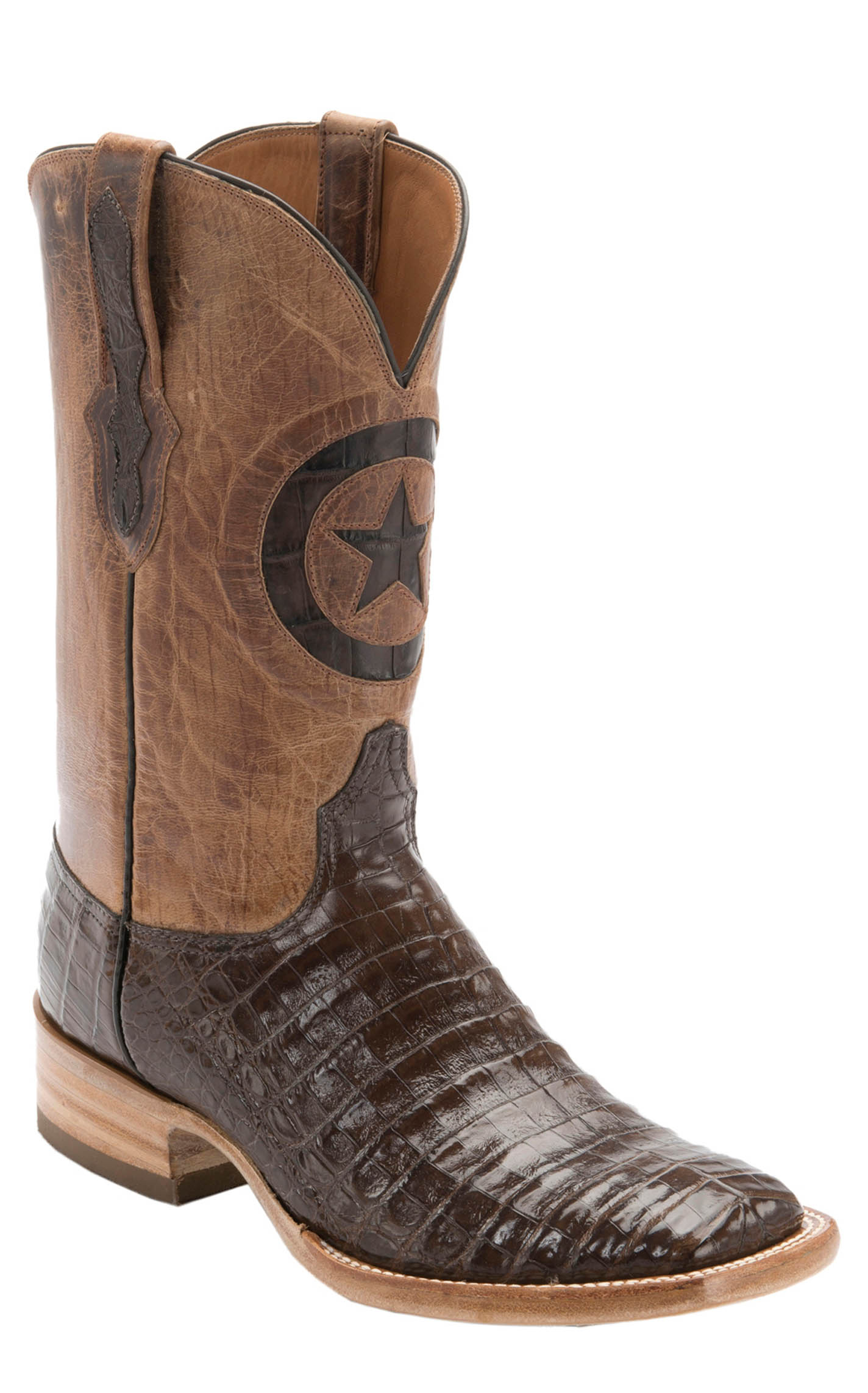 Black Jack Men s Chocolate Gator and Tan Goat Maddog Square Toe Exotic Cowboy Boots Cavender s