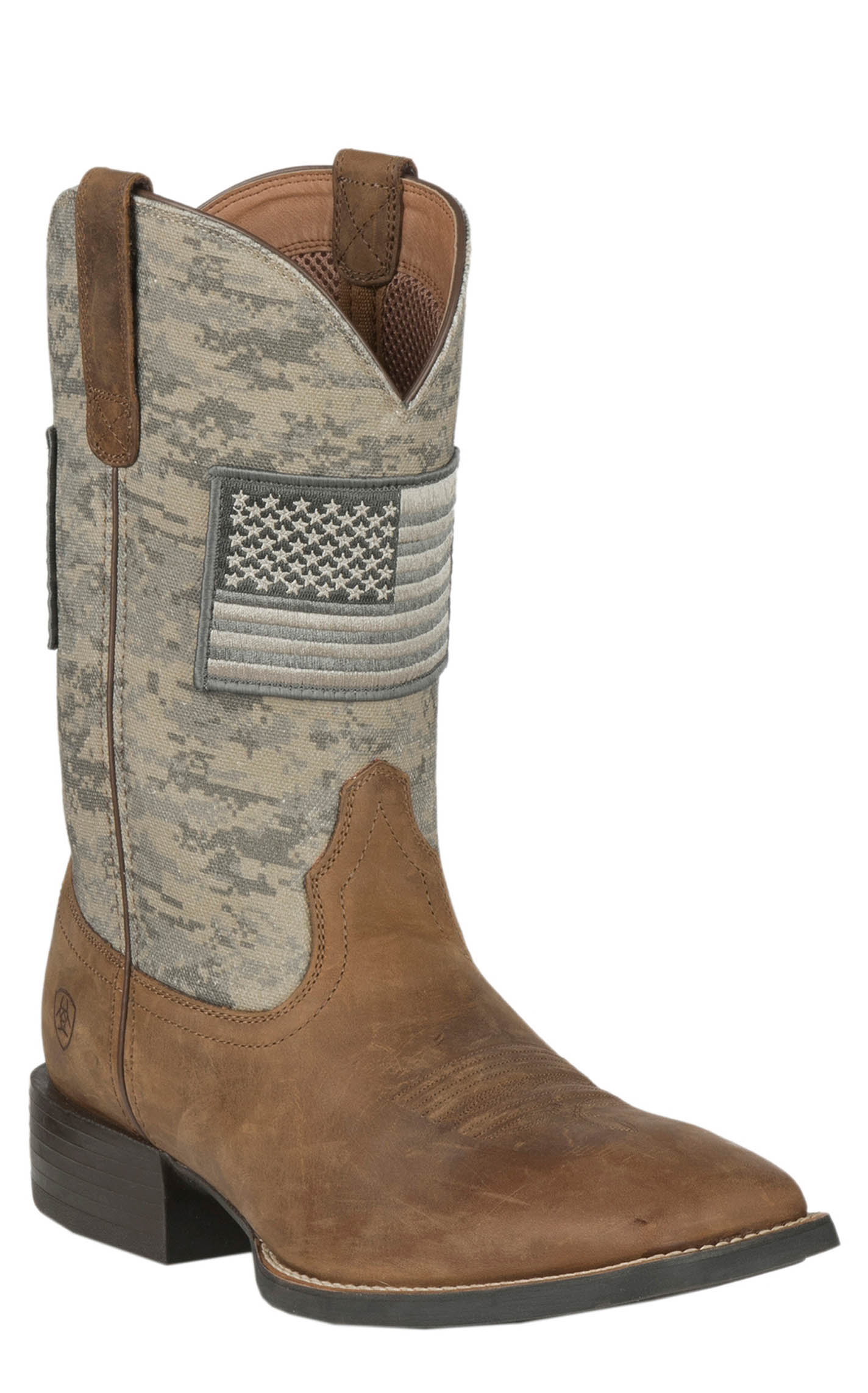 Ariat Men s Sport Patriot Distressed Brown and Sage Camo American Flag Square Toe Cowboy Boots Cavender s