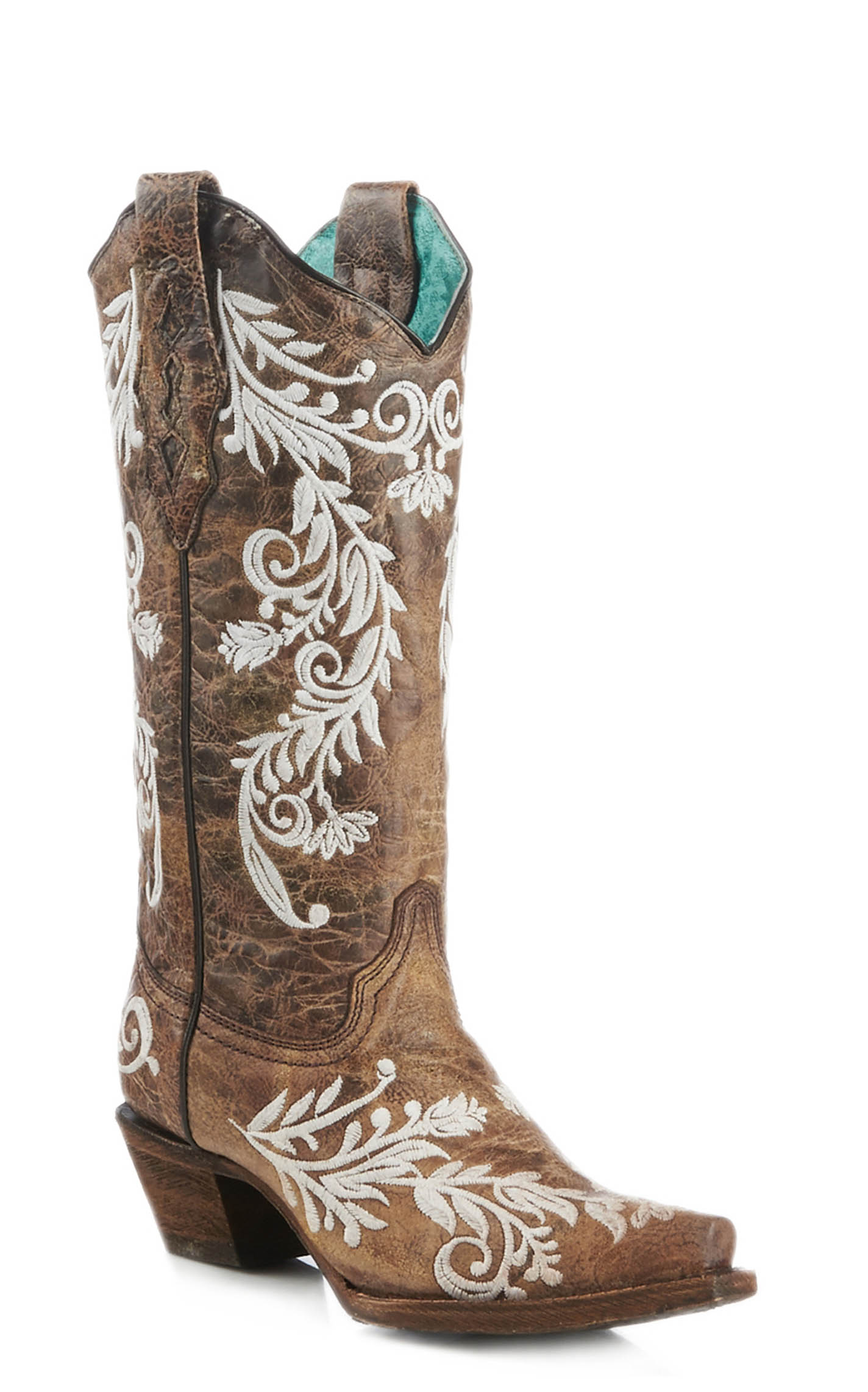 Women s Corral Glow in The Dark Floral Embroidery Cowgirl Boots Brown White