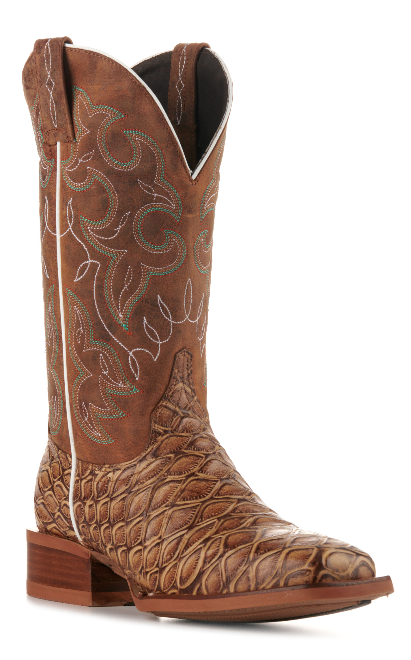 Cavender s Women s Intrepid Honey and Sand Baby Pirarucu Print Wide Square Toe Cowboy Boots 7xb