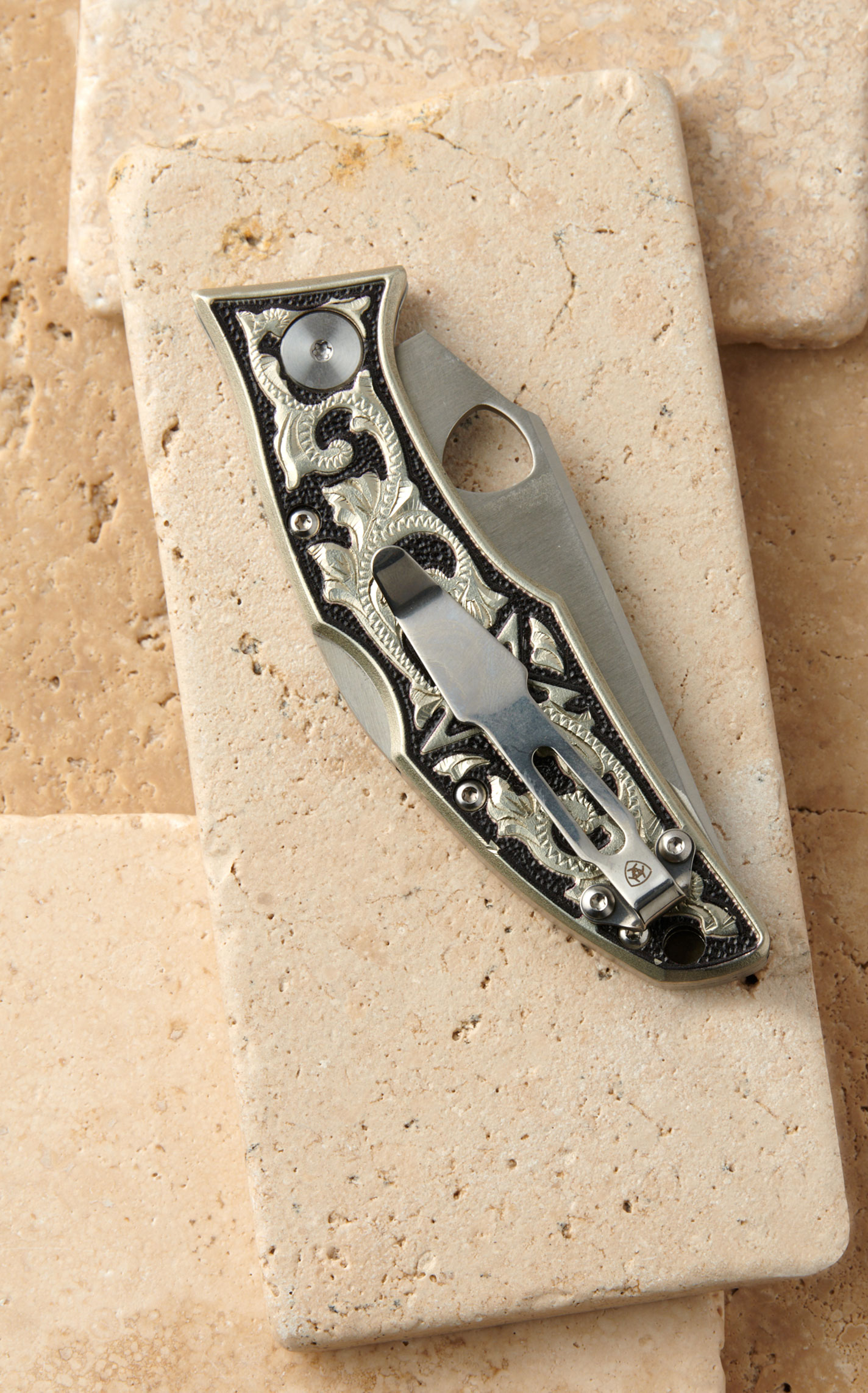 Ariat Integrated Hybrid Blade Silver & Black Engraved Handle Folding Knife 