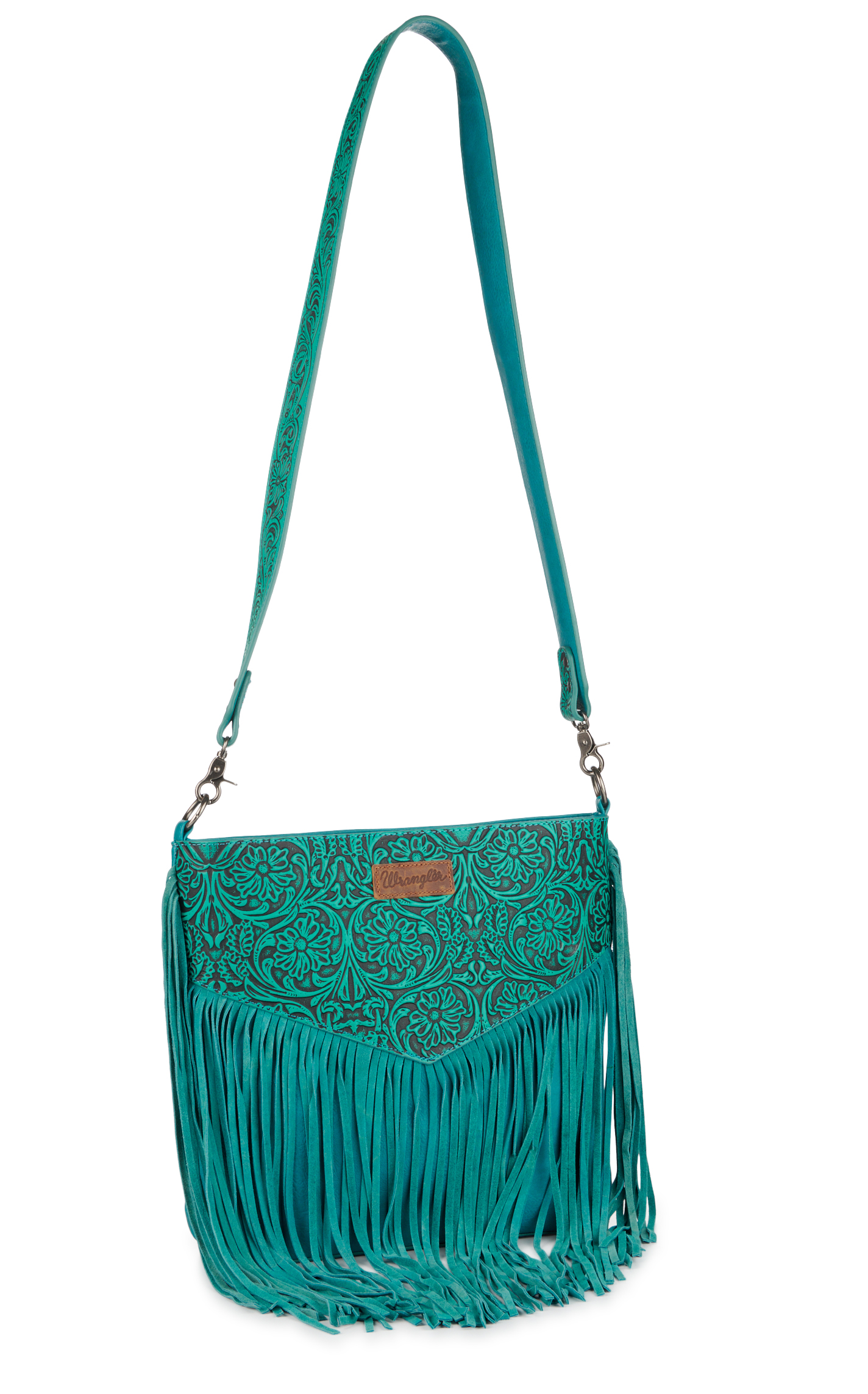 Wrangler Turquoise Floral Tooled Leather Long Fringe Large Crossbody Bag