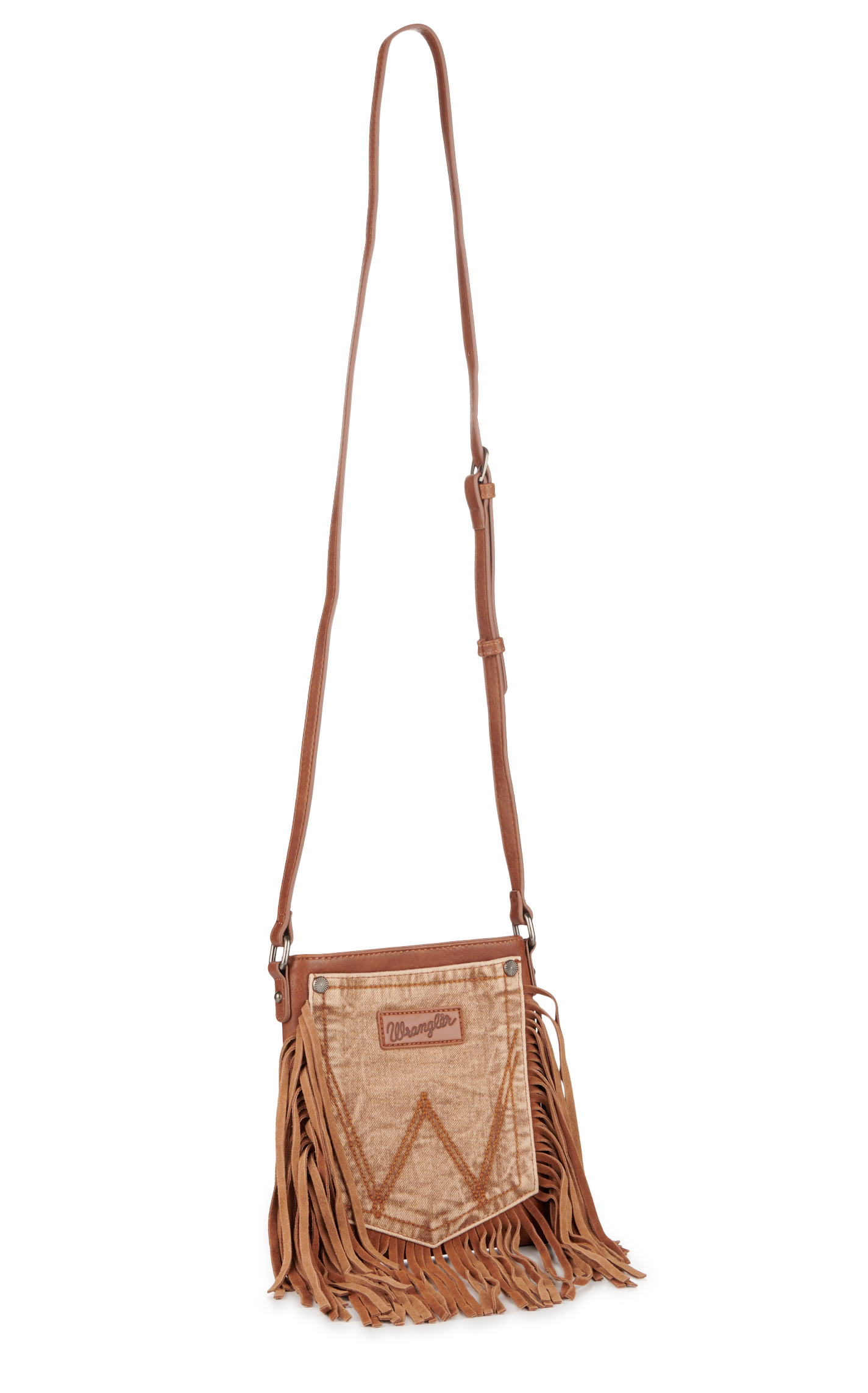 Wrangler Caramel Leather Denim with Fringe W Pocket Crossbody Purse