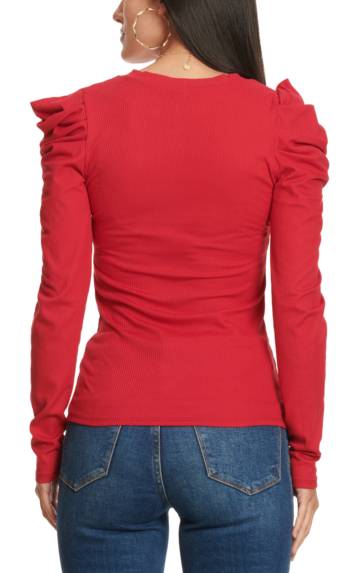 PEACH RIBBED PUFF SLEEVE TOP main image 0