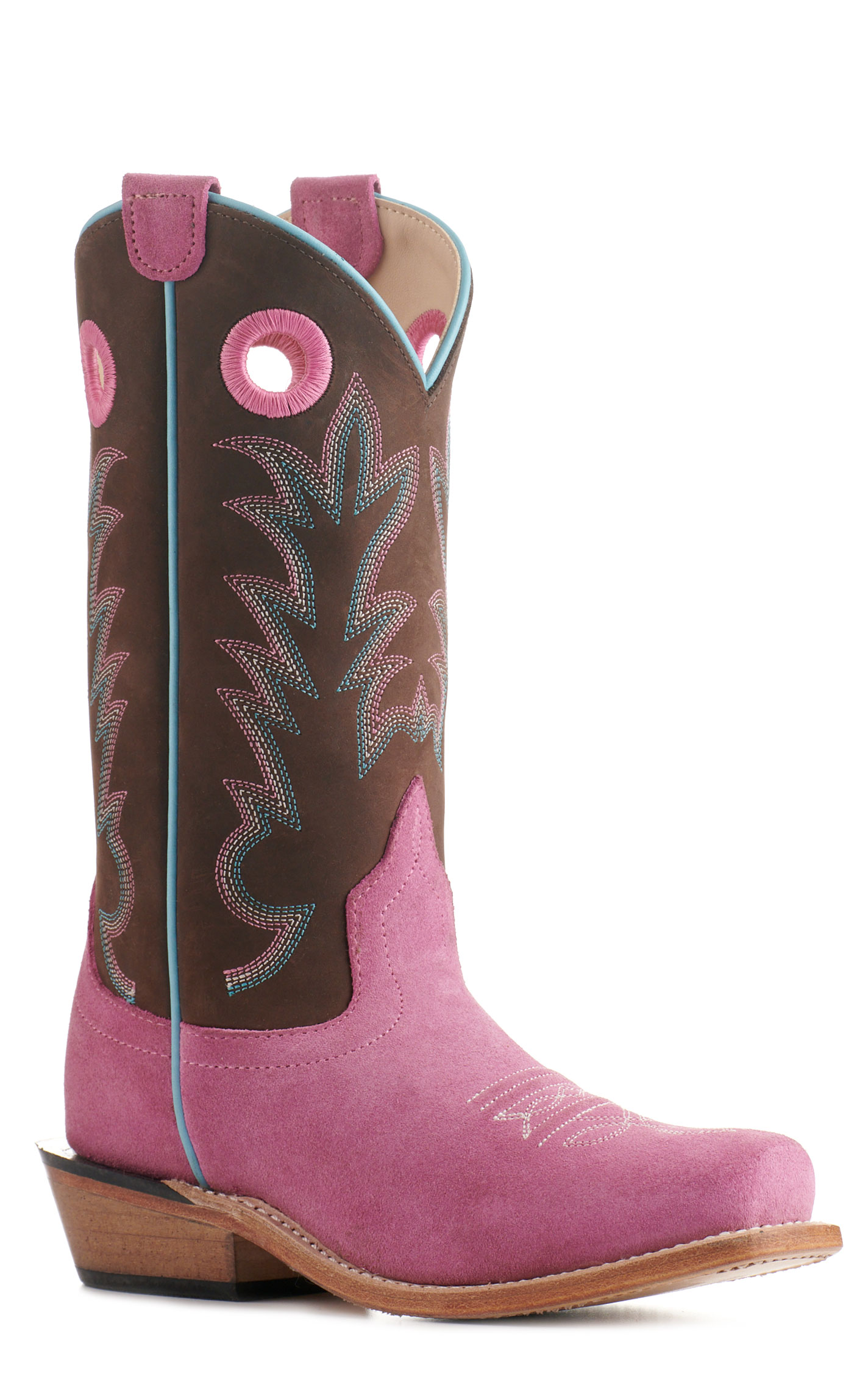 Old West Kids Pink Suede and Brown Punchy Square Toe Cowboy Boots