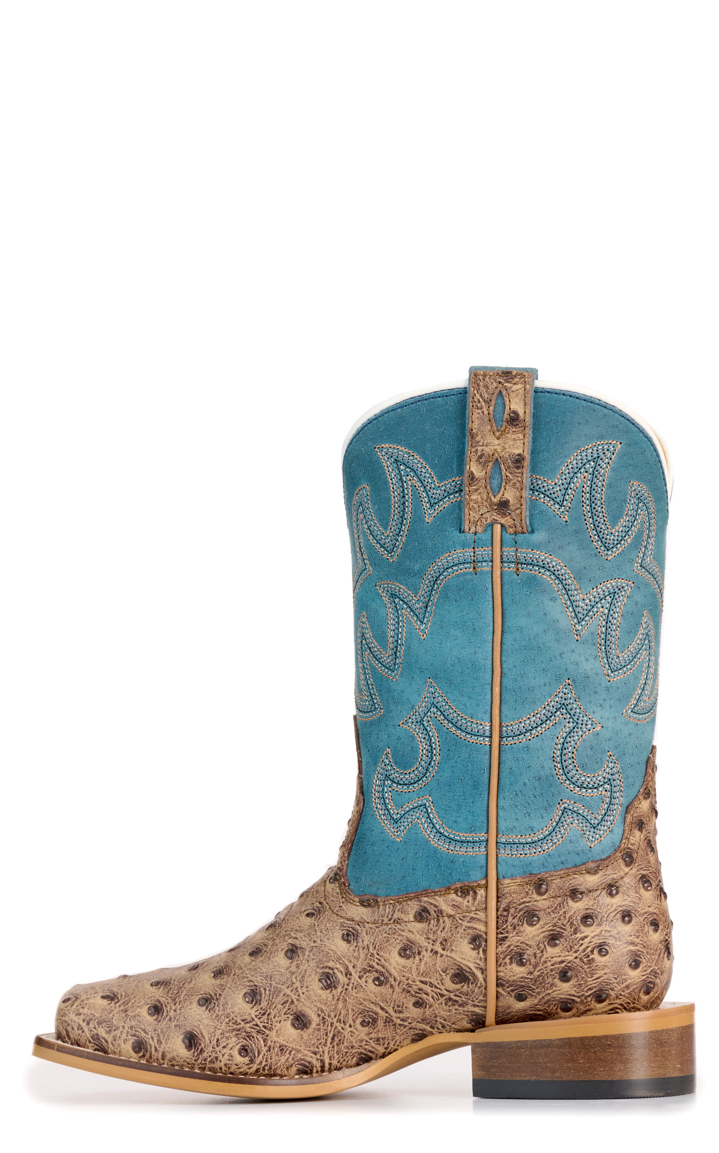 Cavender s Youth Sand Ostrich Print and Blue Wide Square Toe Cowboy Boots 5xD