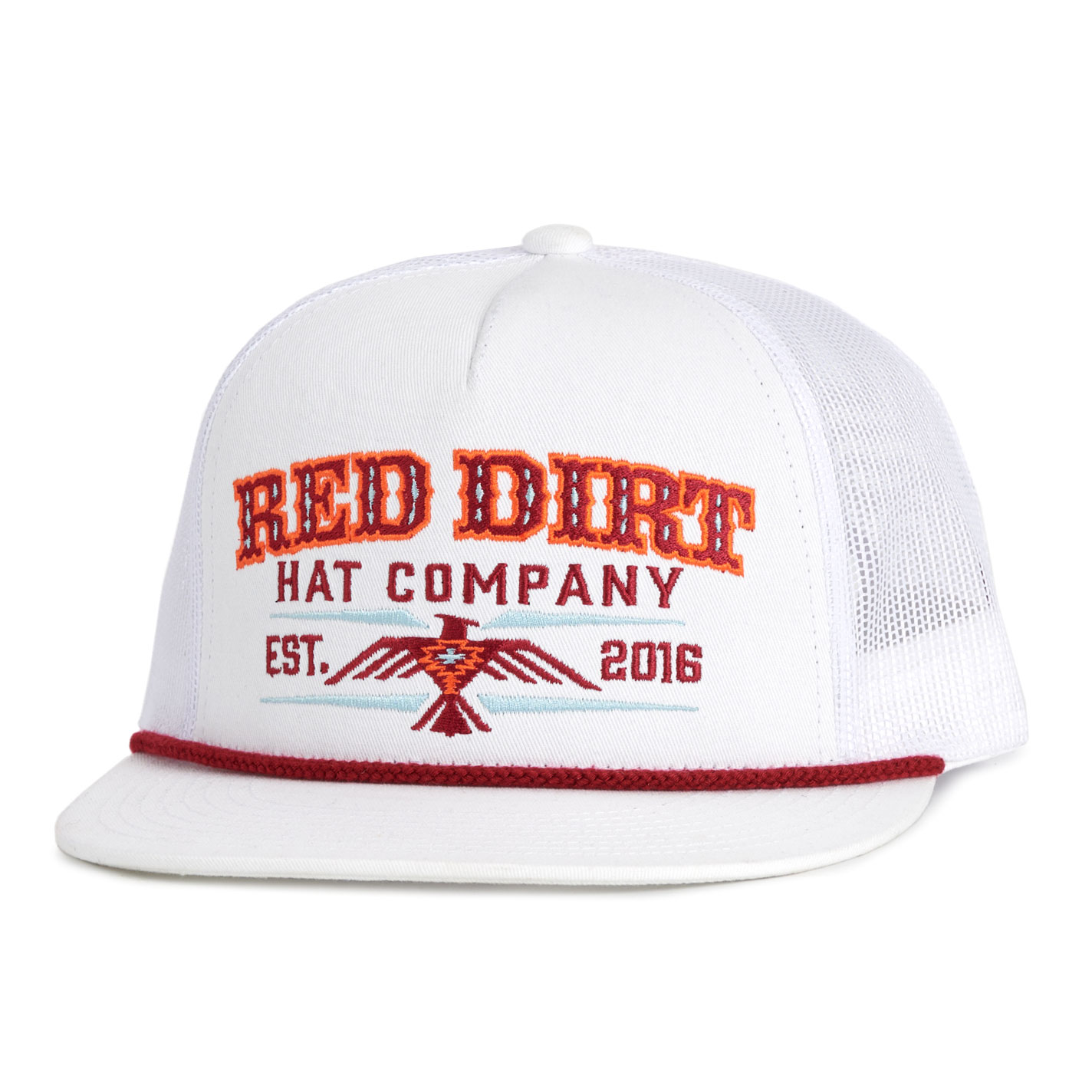 Red Dirt Hat Company White Aztec Thunderbird and Red Rope Mesh Snapback Cap