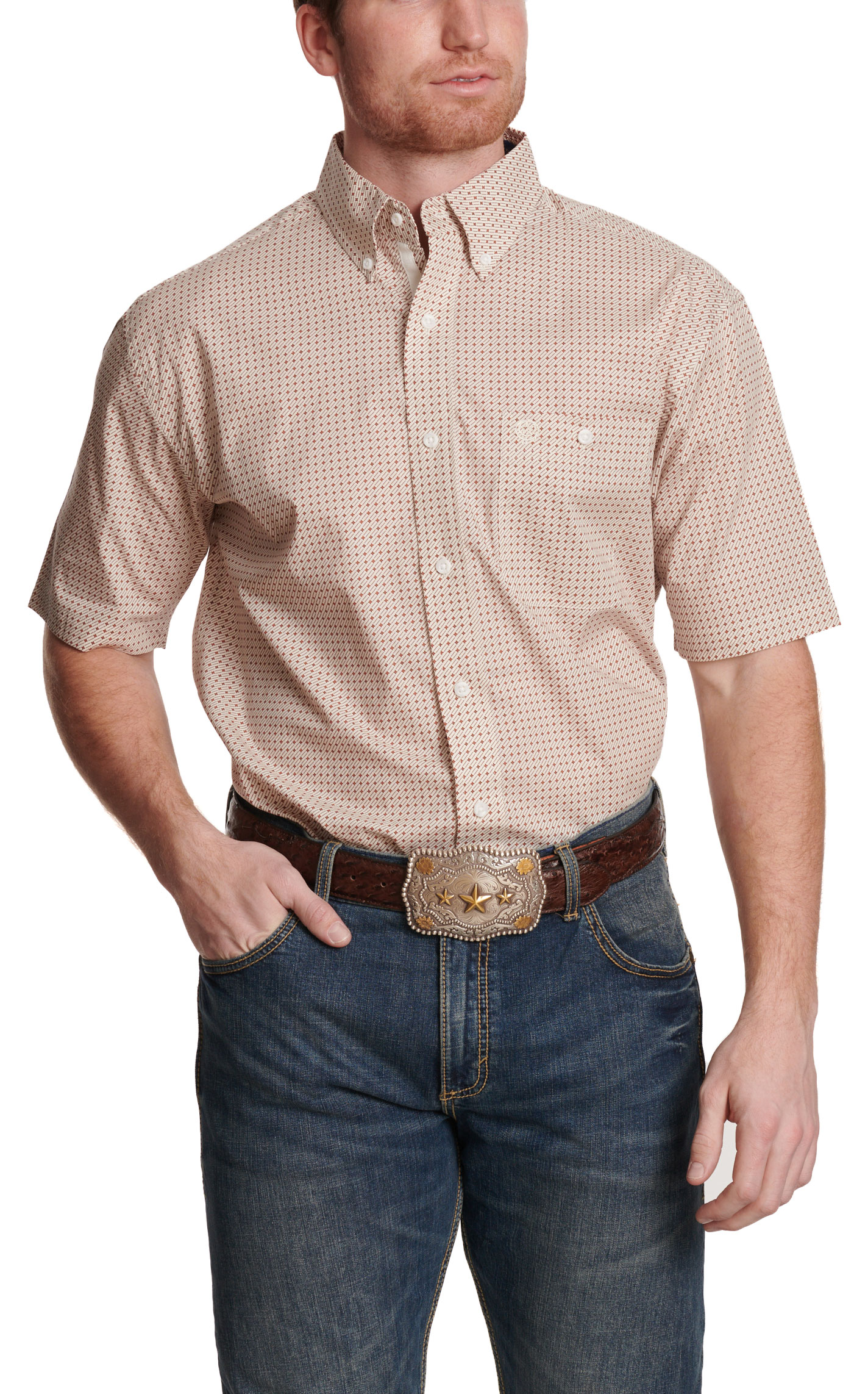 Wrangler Men's George Strait White & Rust Geo Print Western Shirt