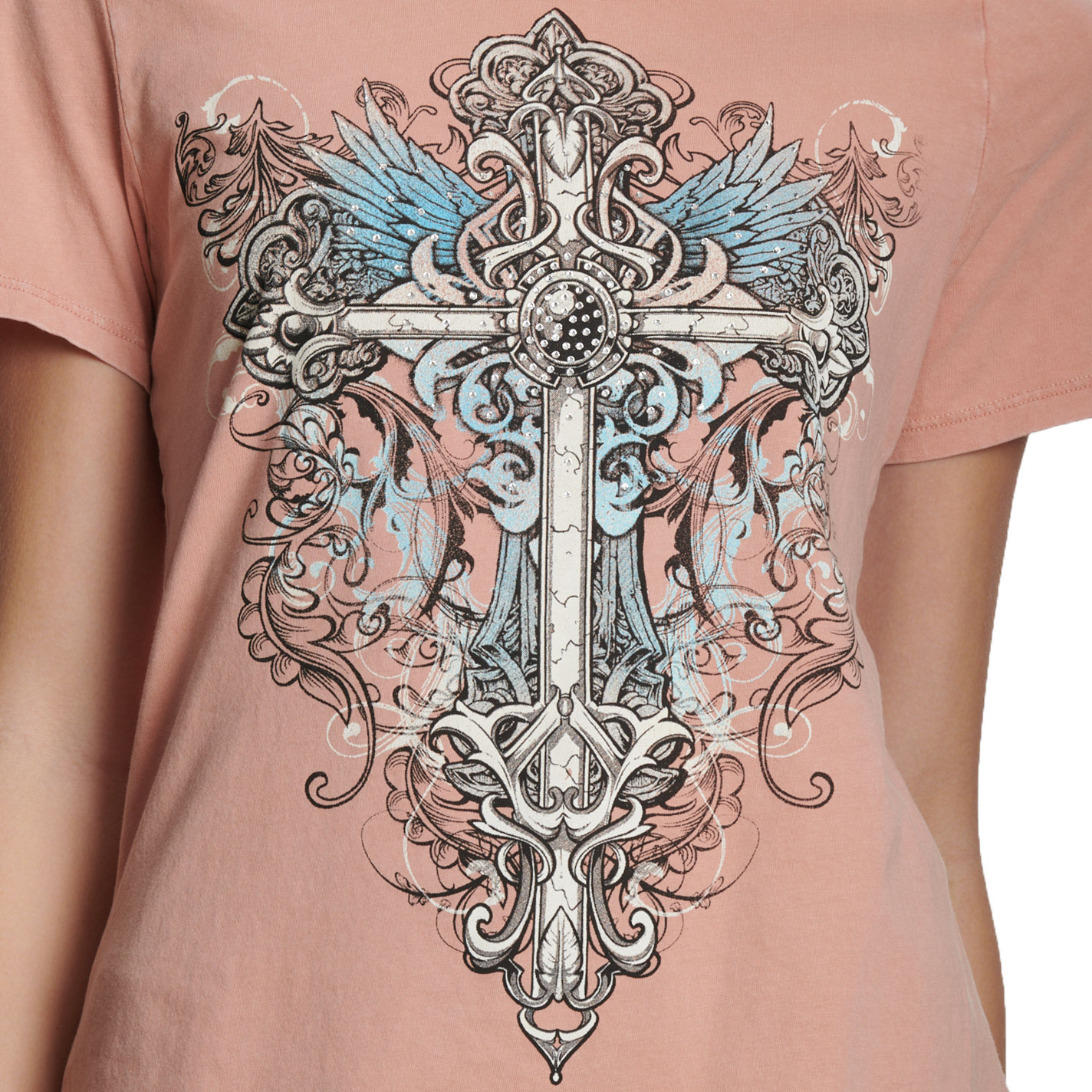 R. Rouge Women's Peach Gothic Cross Graphic T-Shirt