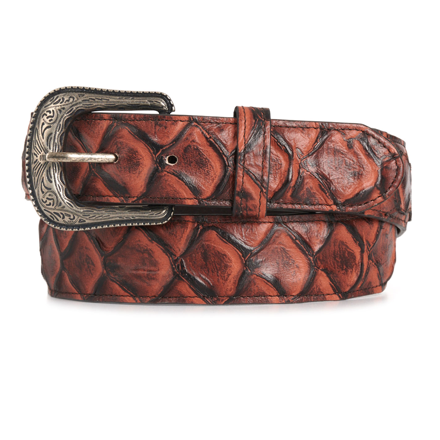 Cavender's Men's Whiskey & Black Pirarucu Print Belt