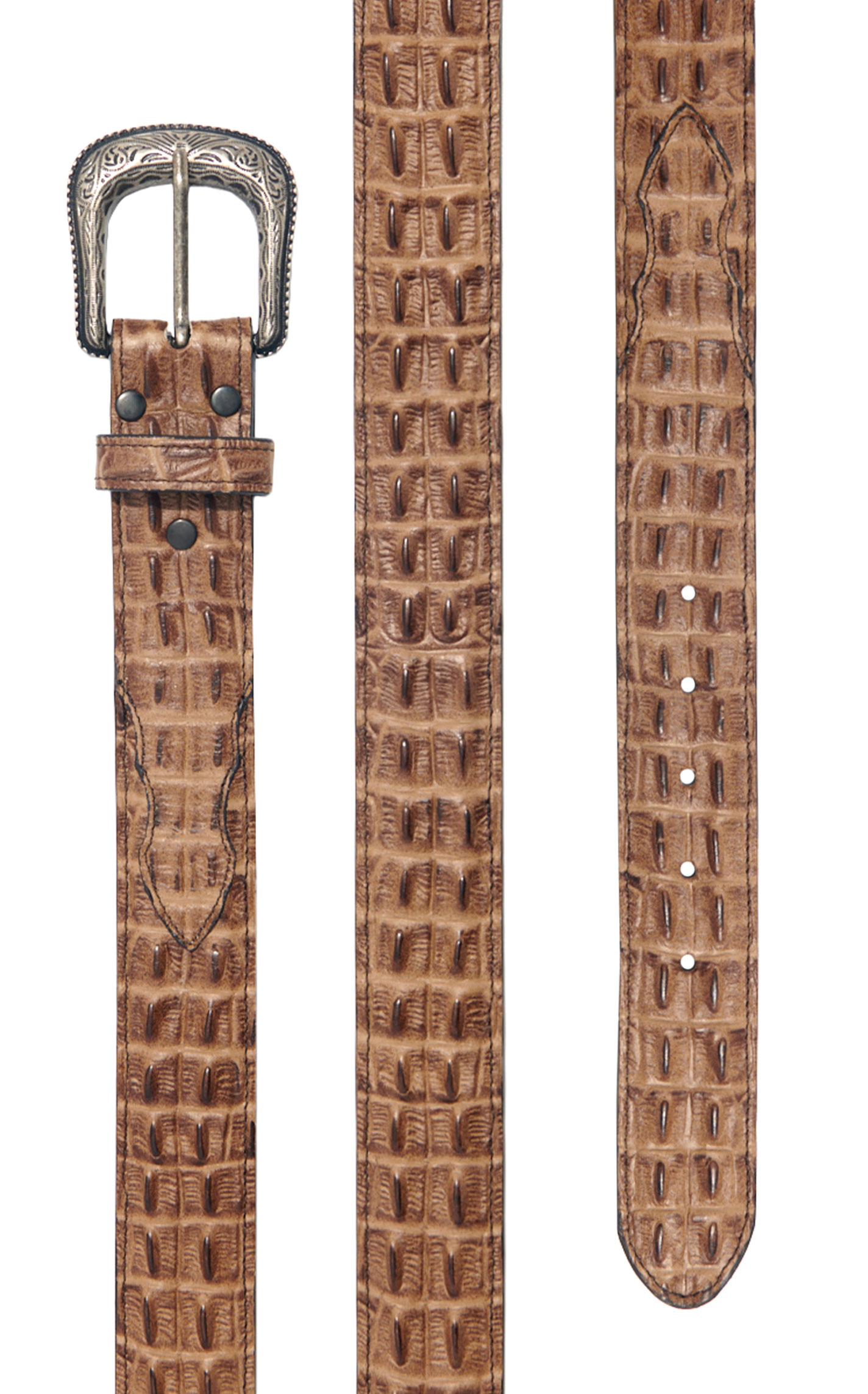 Cavender's Men’s Cognac Gator Print Leather Belt with Silver Etched Buckle