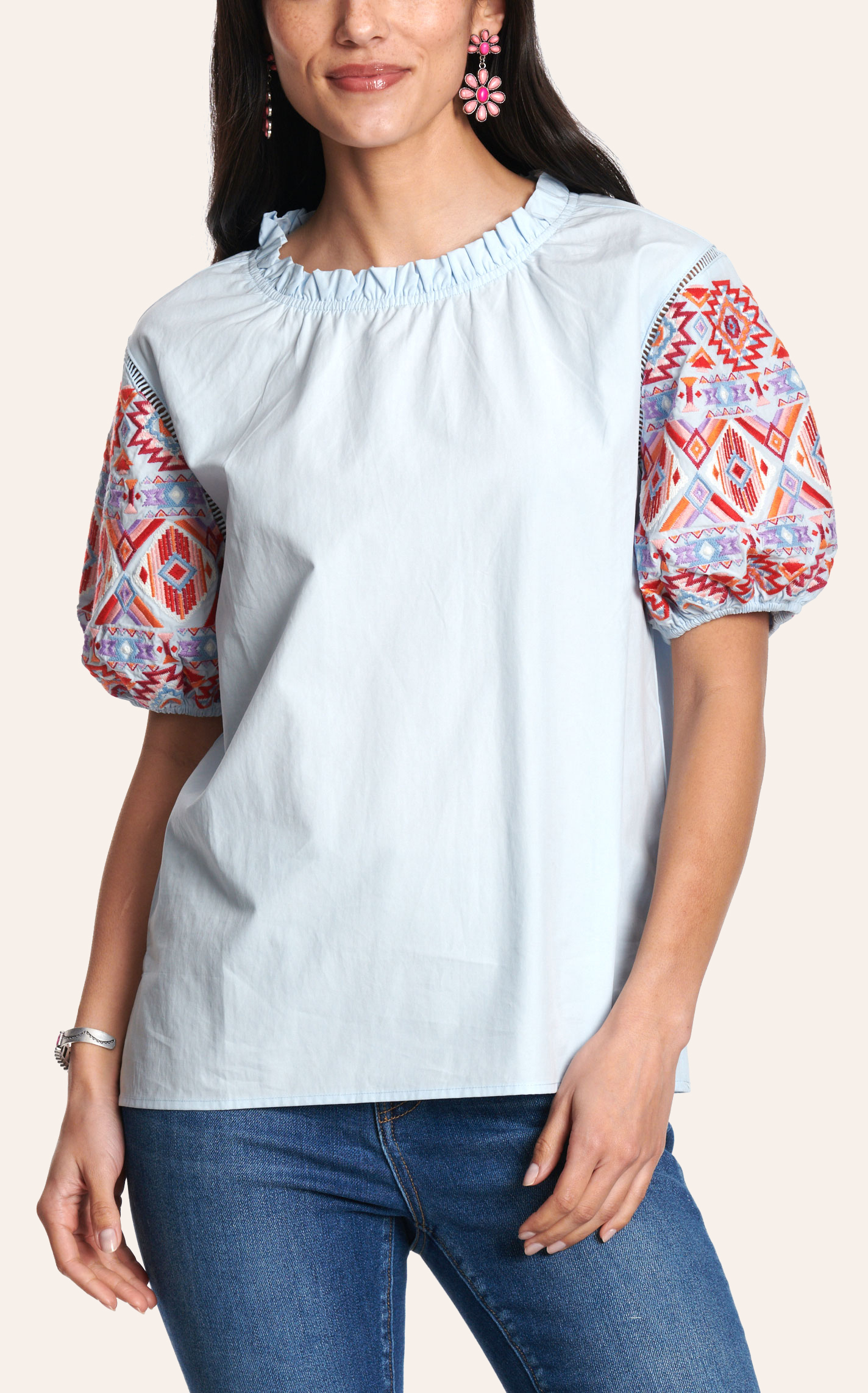 Flutter Sleeve Top with Aztec Print Embroidery and Lace Detail Neckline