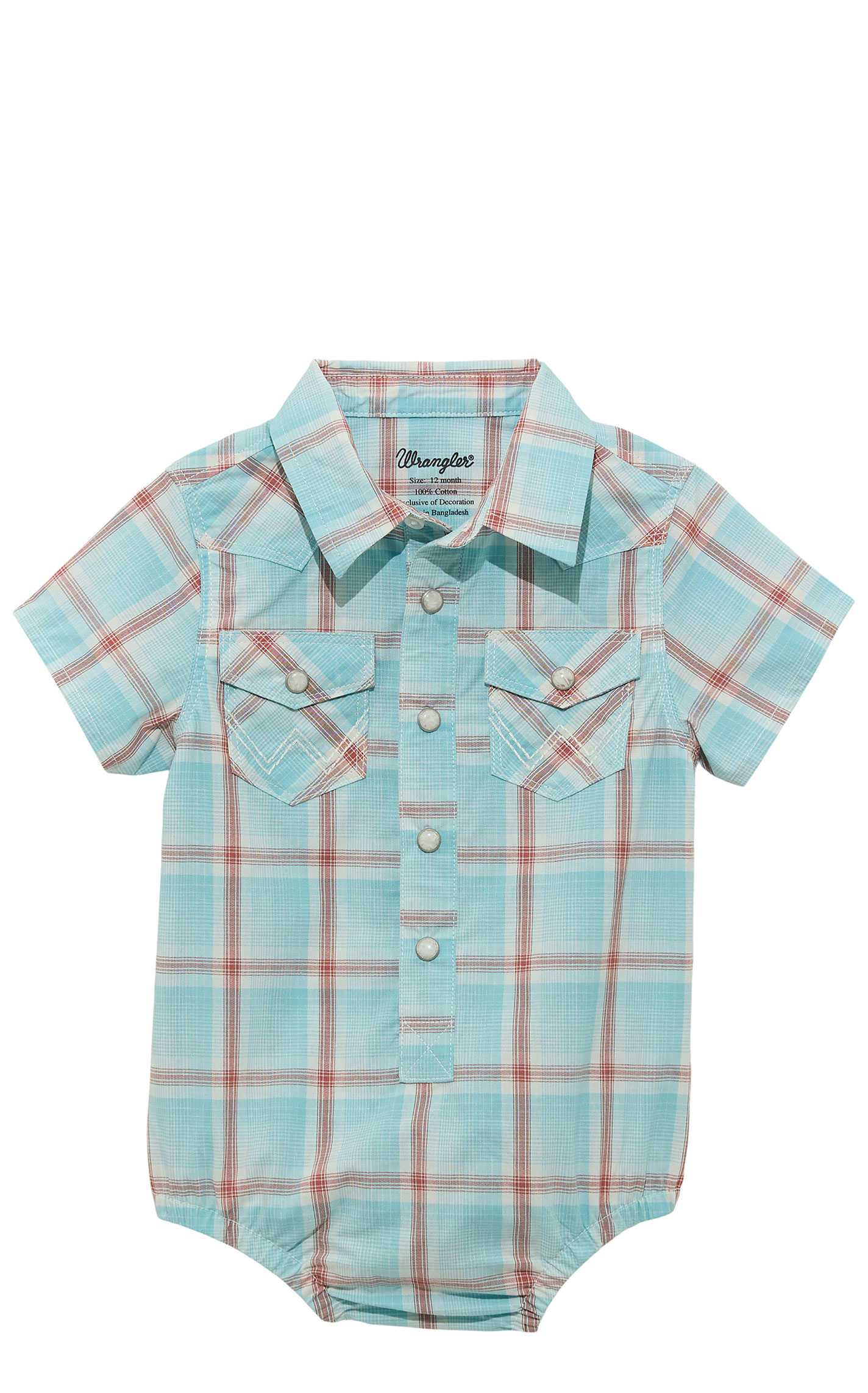 Wrangler Infant Boy's Pale Turquoise Plaid Western Onesie
