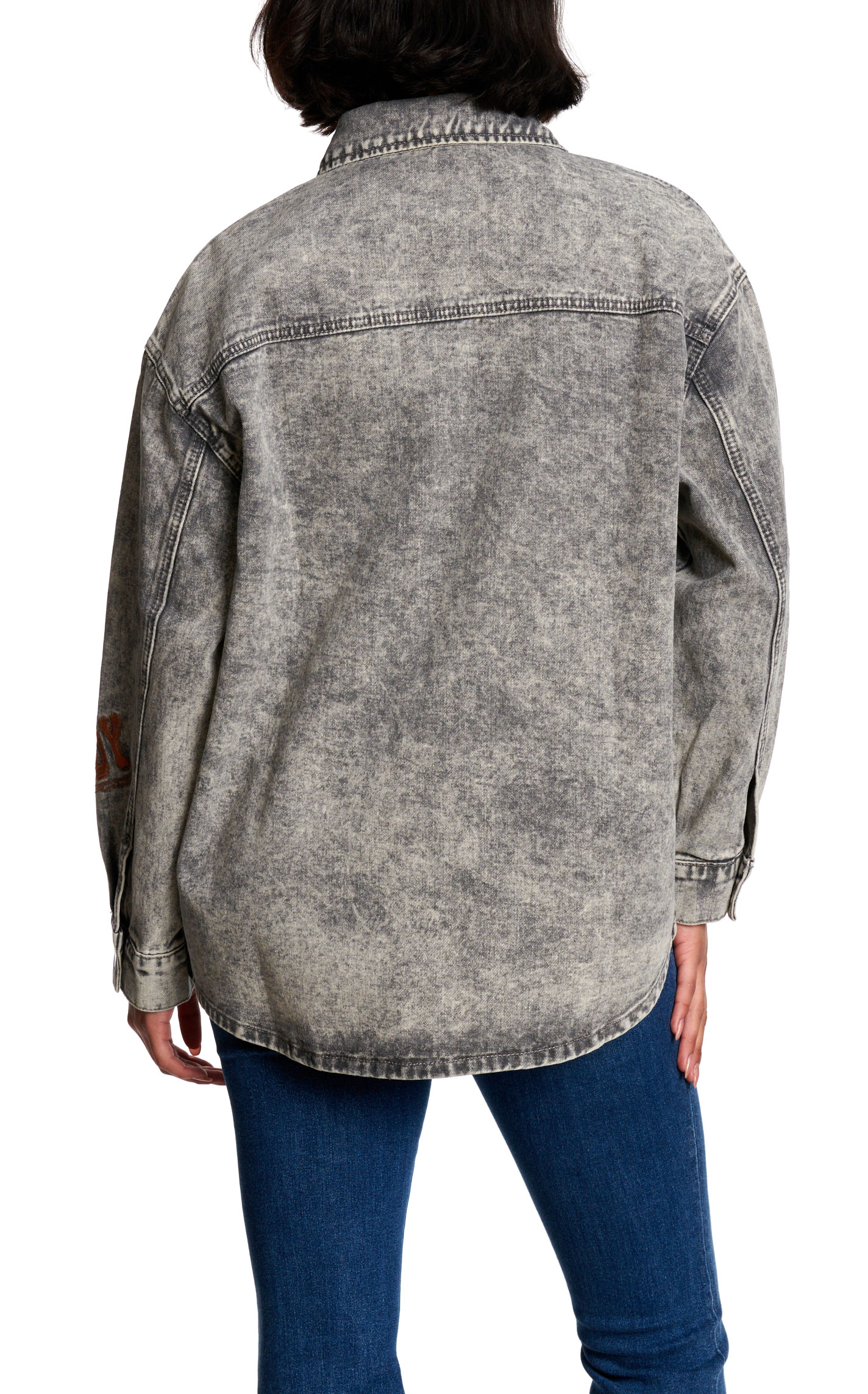 Marigold Kiss Women's Gray Wash Western Patch Denim Shacket 