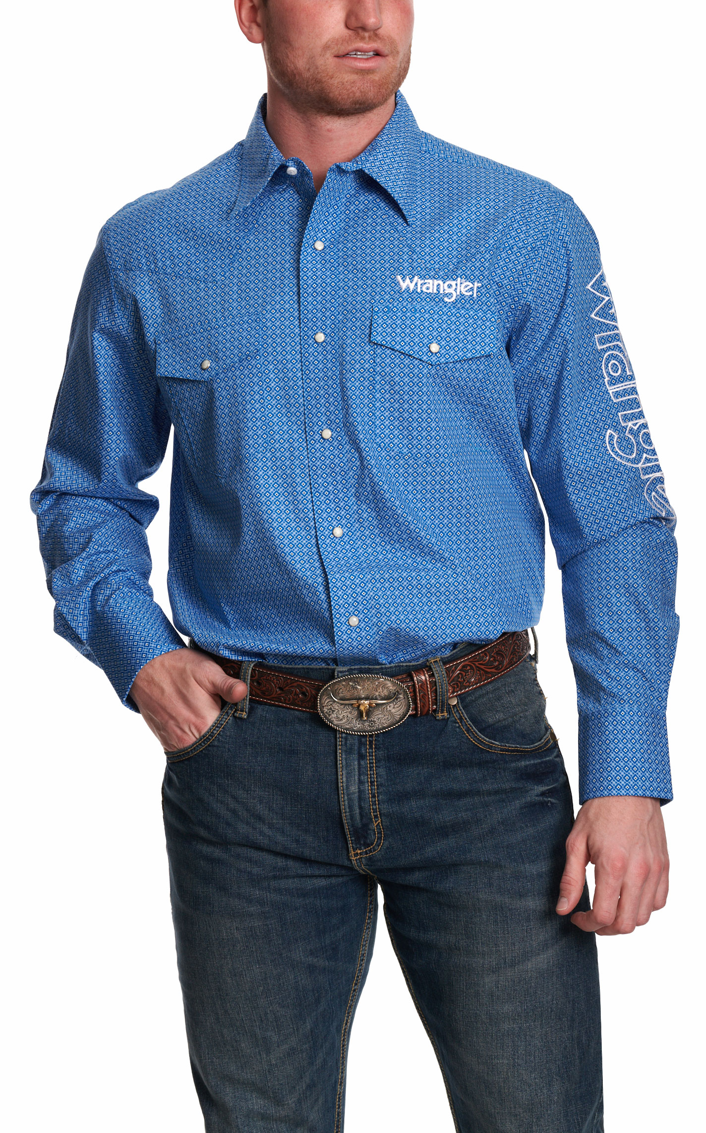 Wrangler Men's Blue Geo Print Long Sleeve Logo Western Shirt