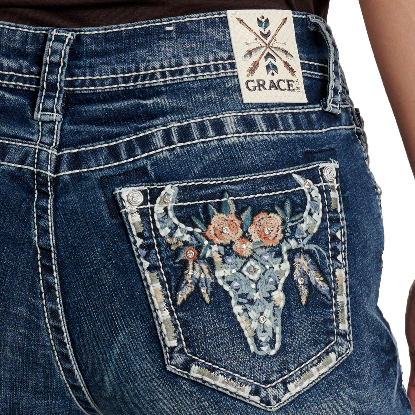 放送大学 割引 Medium Women's LA In Grace Wash Jeans Skull Floral Aztec デザイン