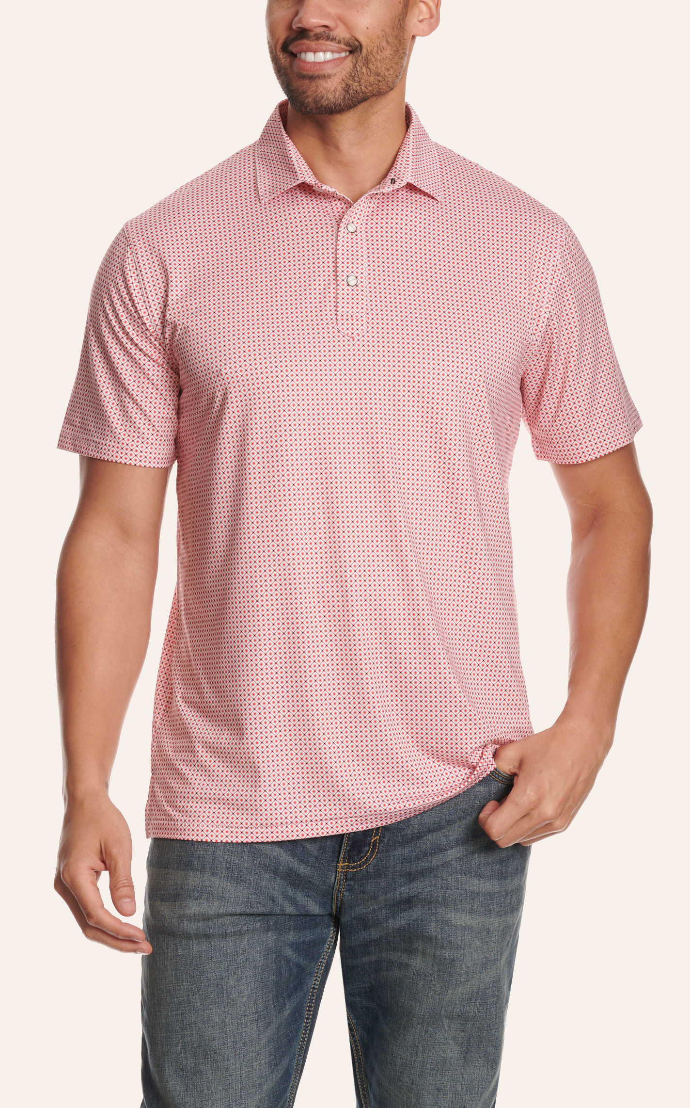 Rafter C Men's Red Micro Grid Geo Print Polo Shirt I Cavender's