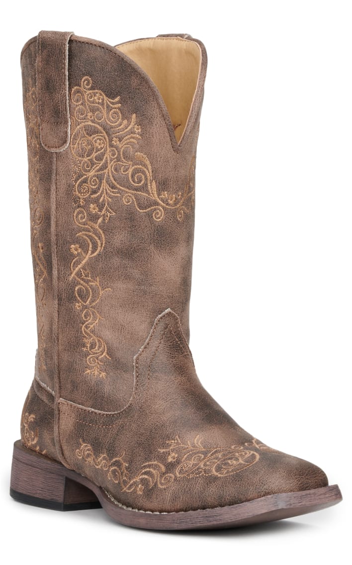 Roper Women's Tan with Scroll Embroidery Wide Square Toe Cowboy Boots