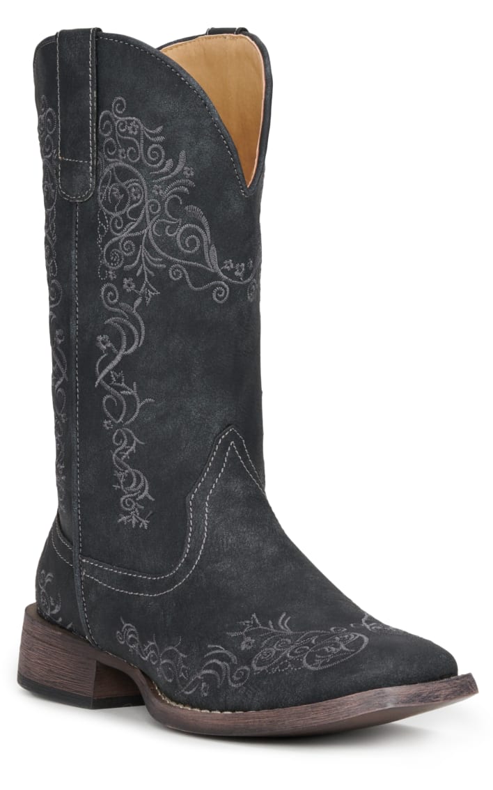 Roper Women's Tan with Scroll Embroidery Wide Square Toe Cowboy Boots