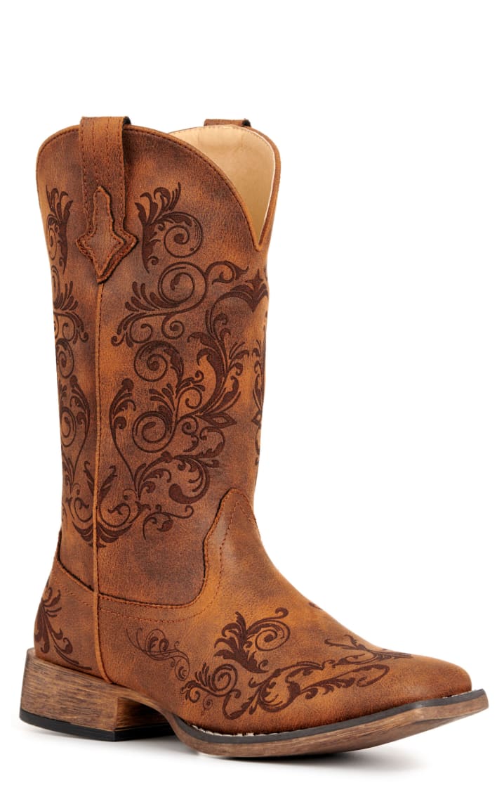 Cavender's Private Label Women's Horseman Black Silver Botanical  Wide Toe Cowgirl Boots