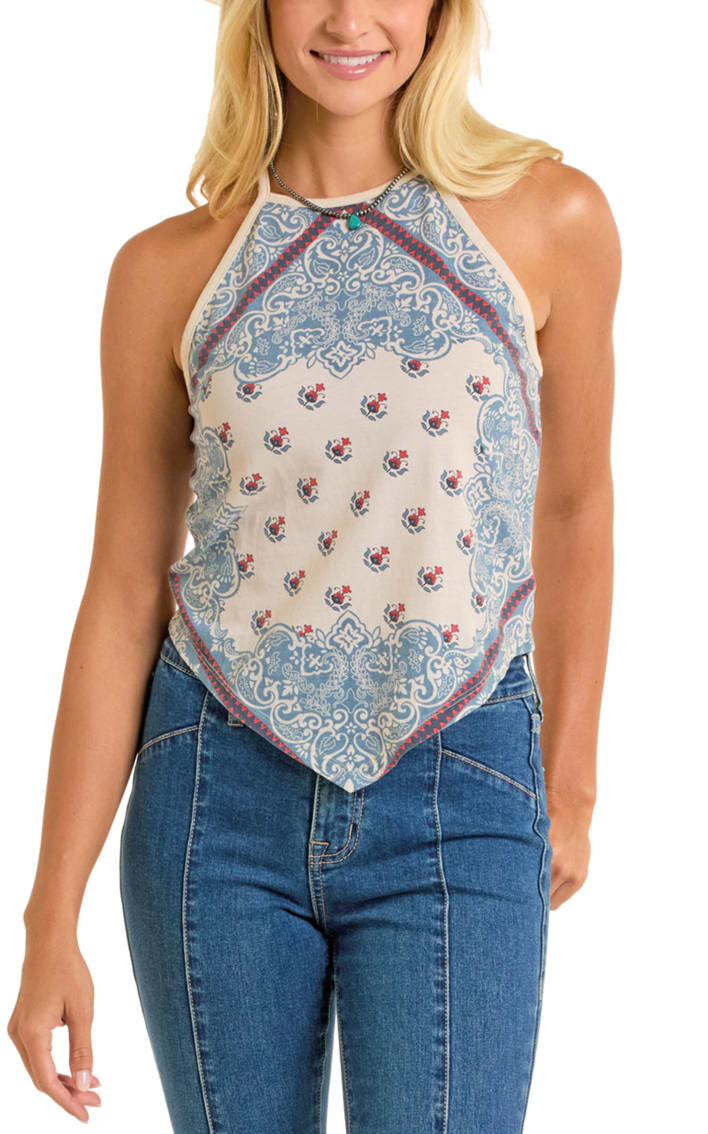 Rock & Roll Denim Women's Cream Blue & Red Bandana Halter Tank Top