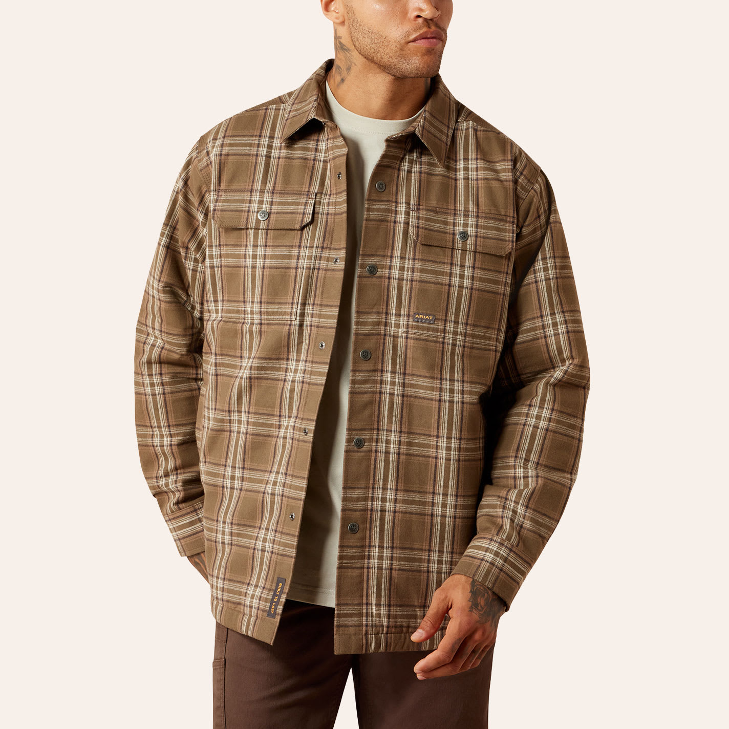 Ariat Men's Rebar Khaki Plaid Print Insulated Flannel Shirt Jacket