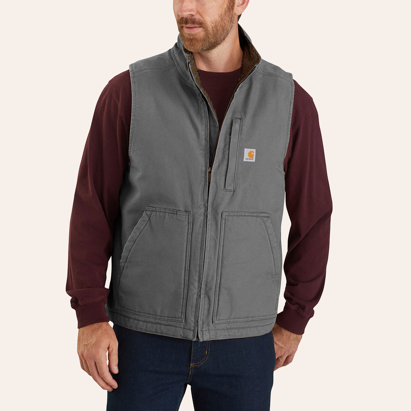 Carhartt Men's Gray Washed Duck Mock Neck Sherpa Lined Vest