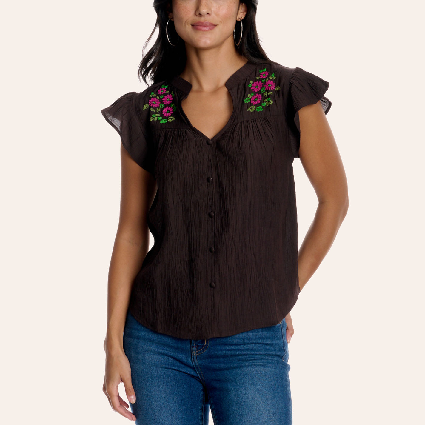 Cowgirl Hardware Women's Dark Brown Floral Embroidered Flutter Sleeve Top