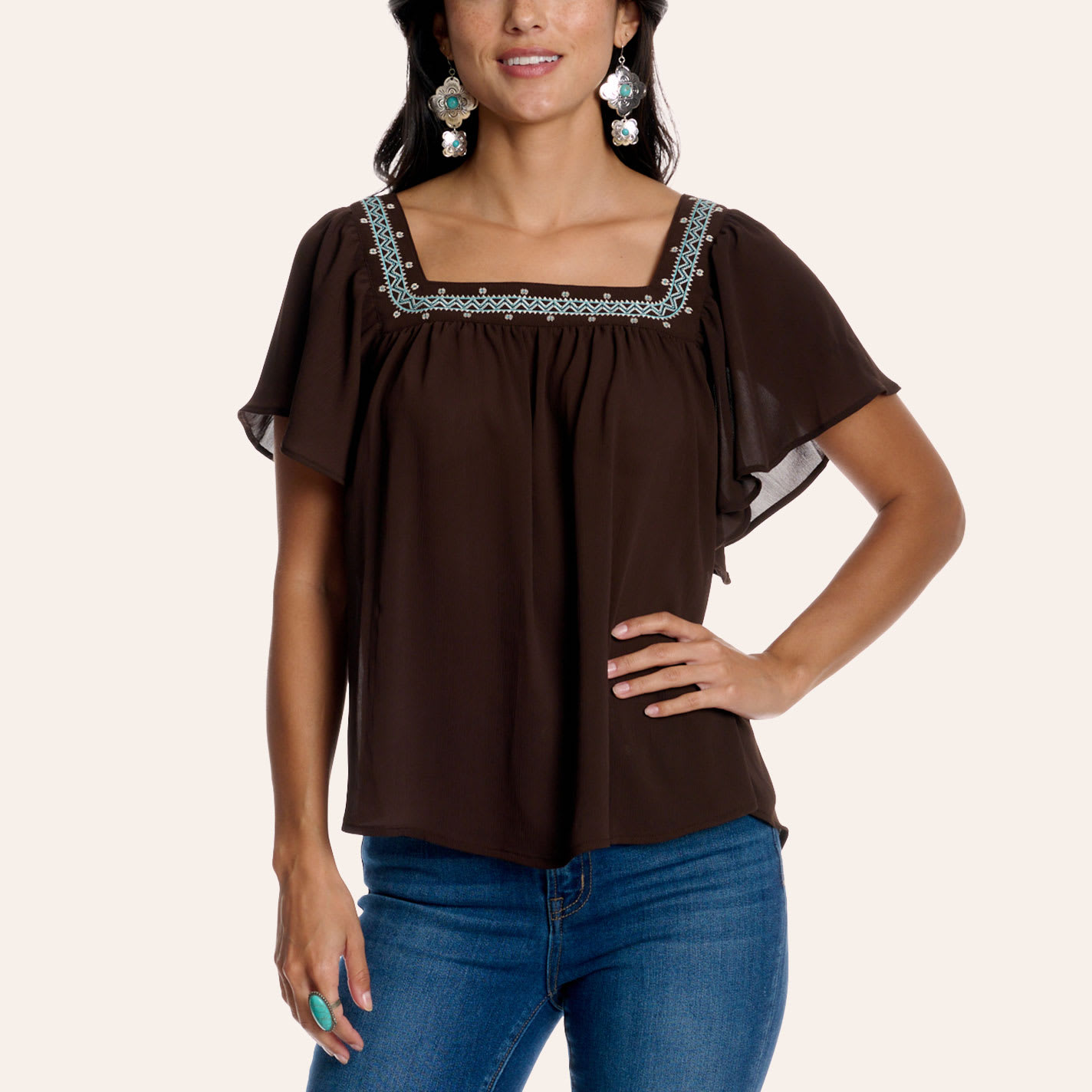 Cowgirl Hardware Women's Dark Brown Floral Embroidered Cap Sleeve Top