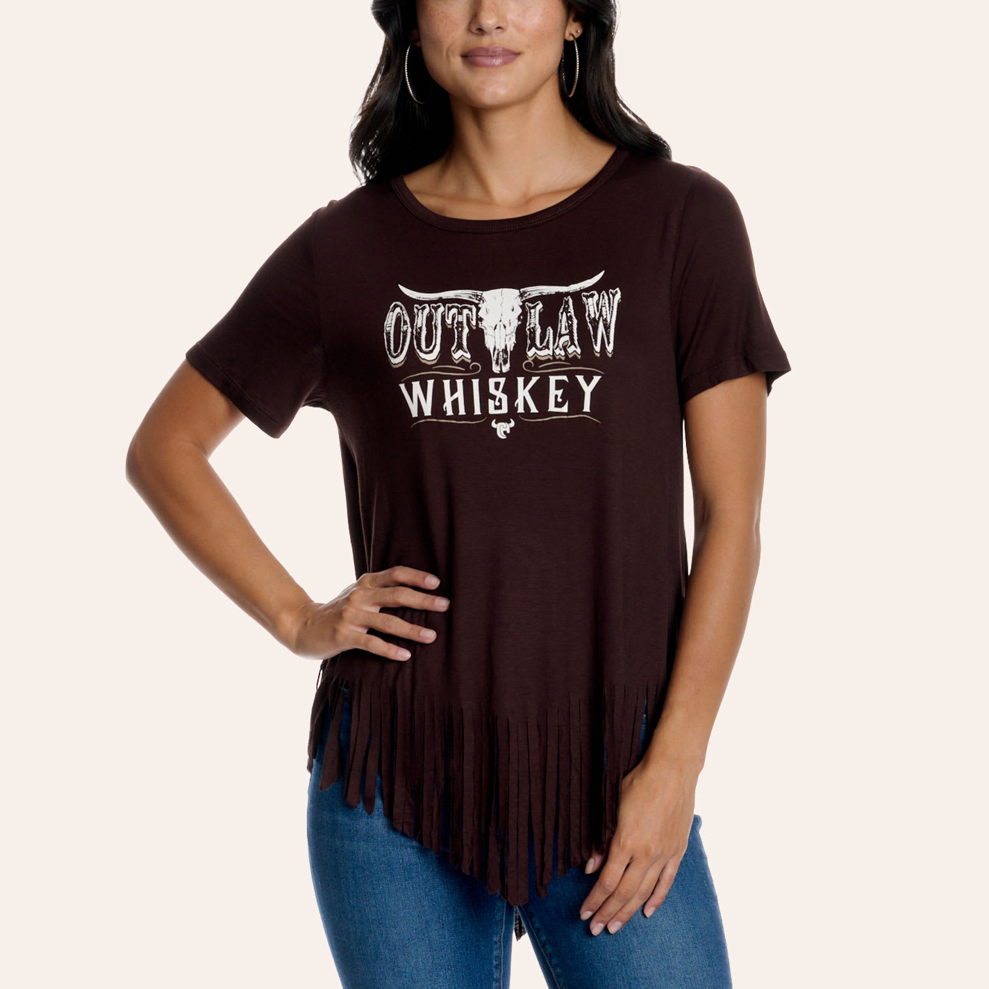 Cowgirl Hardware Women's Dark Brown Outlaw Whiskey Fringed Graphic T-shirt In Multi