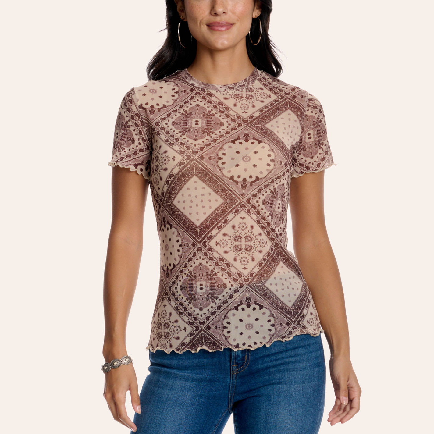 Cowgirl Hardware Women's Tan Bandana Print Mesh Top In Multi
