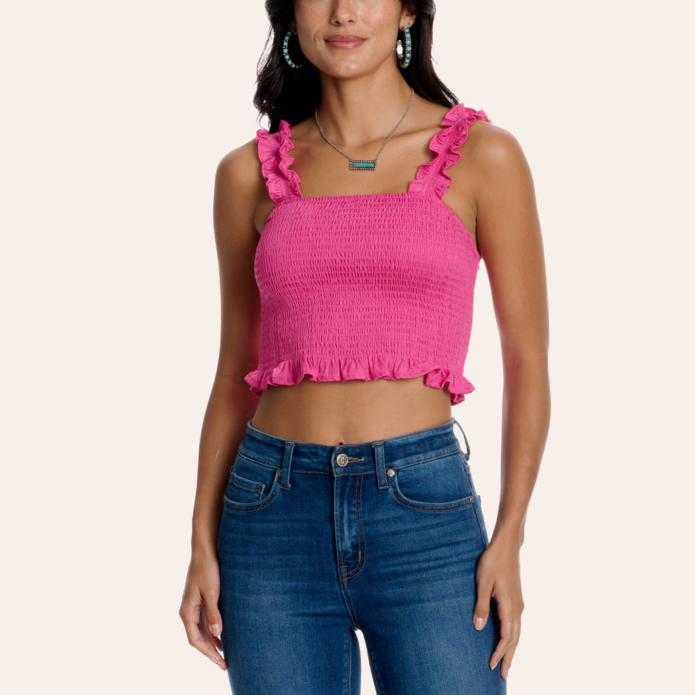 Cowgirl Hardware Women's Hot Pink Smocked Ruffle Trim Crop Top