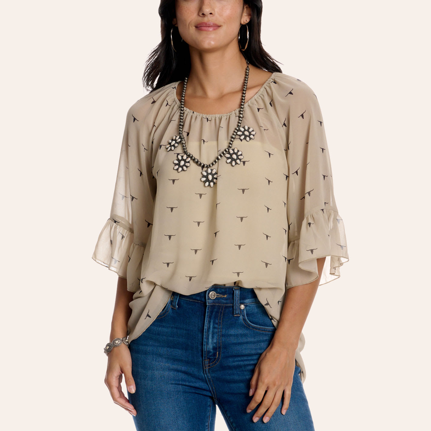 Cowgirl Hardware Women's Tan Longhorn Print Three Quarter Bell Sleeve Mesh Top In Gray
