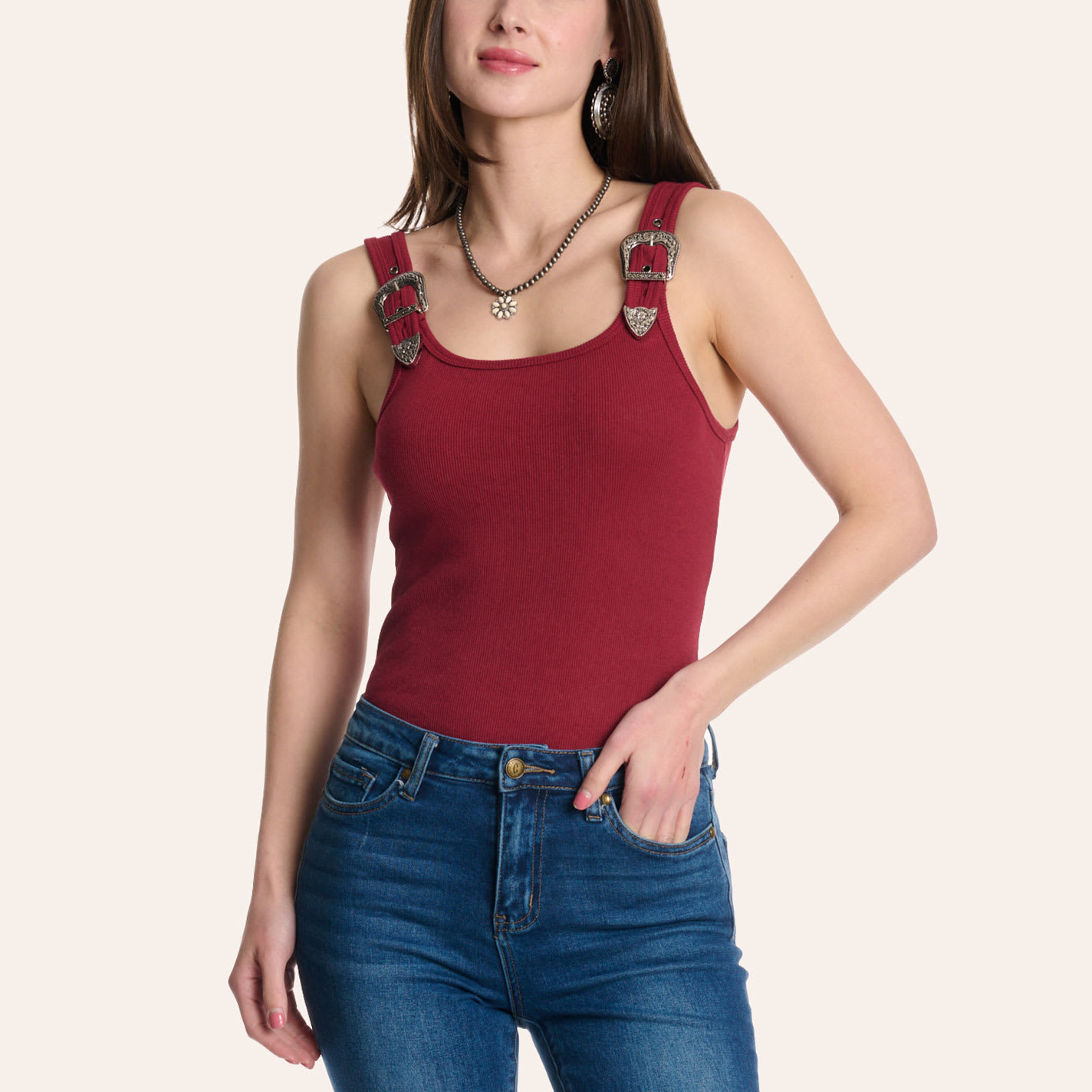 Blue B Women's Red Buckle Strap Knit Bodysuit