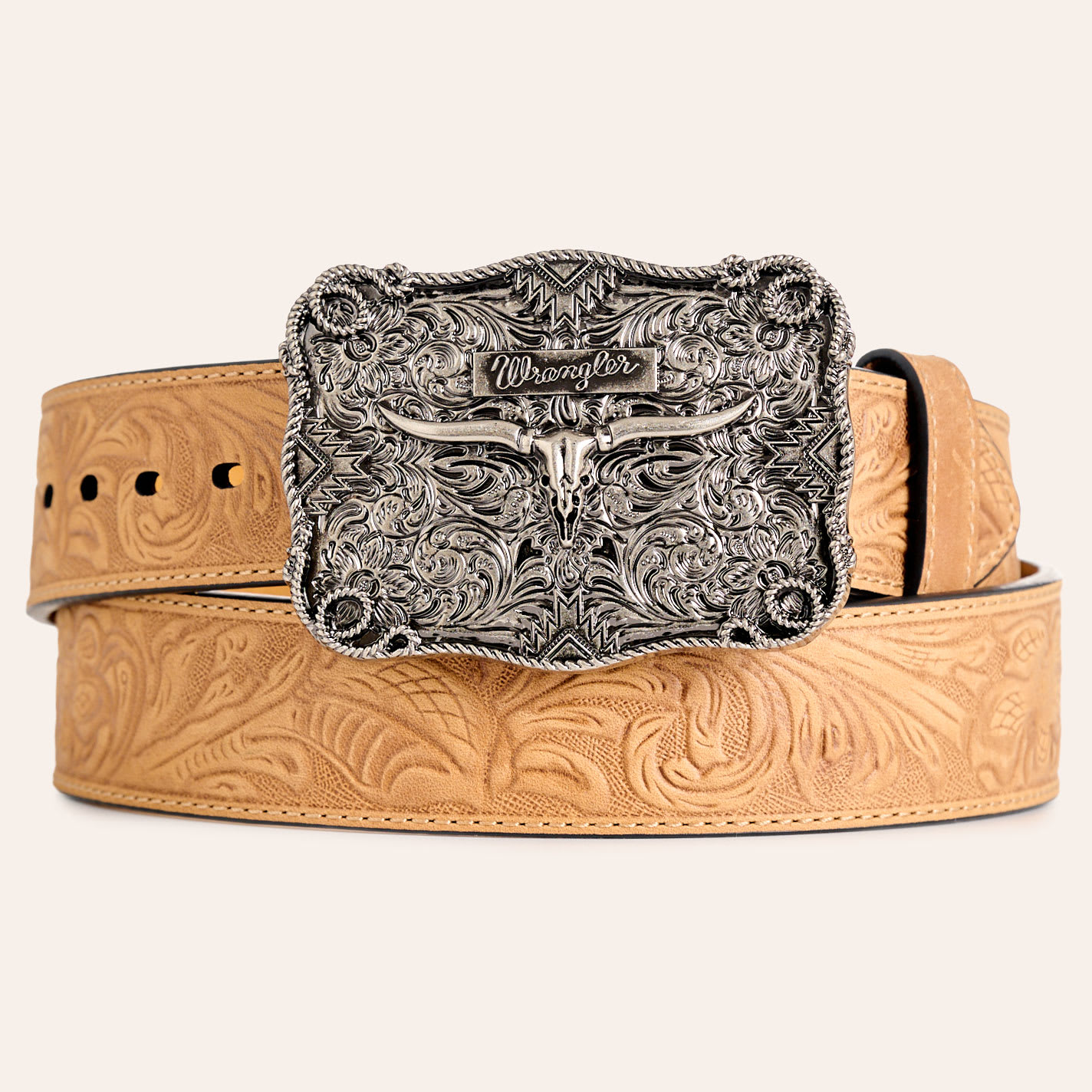 Wrangler Men's Natural Embossed Leather & Silver Longhorn Buckle Belt In Brown
