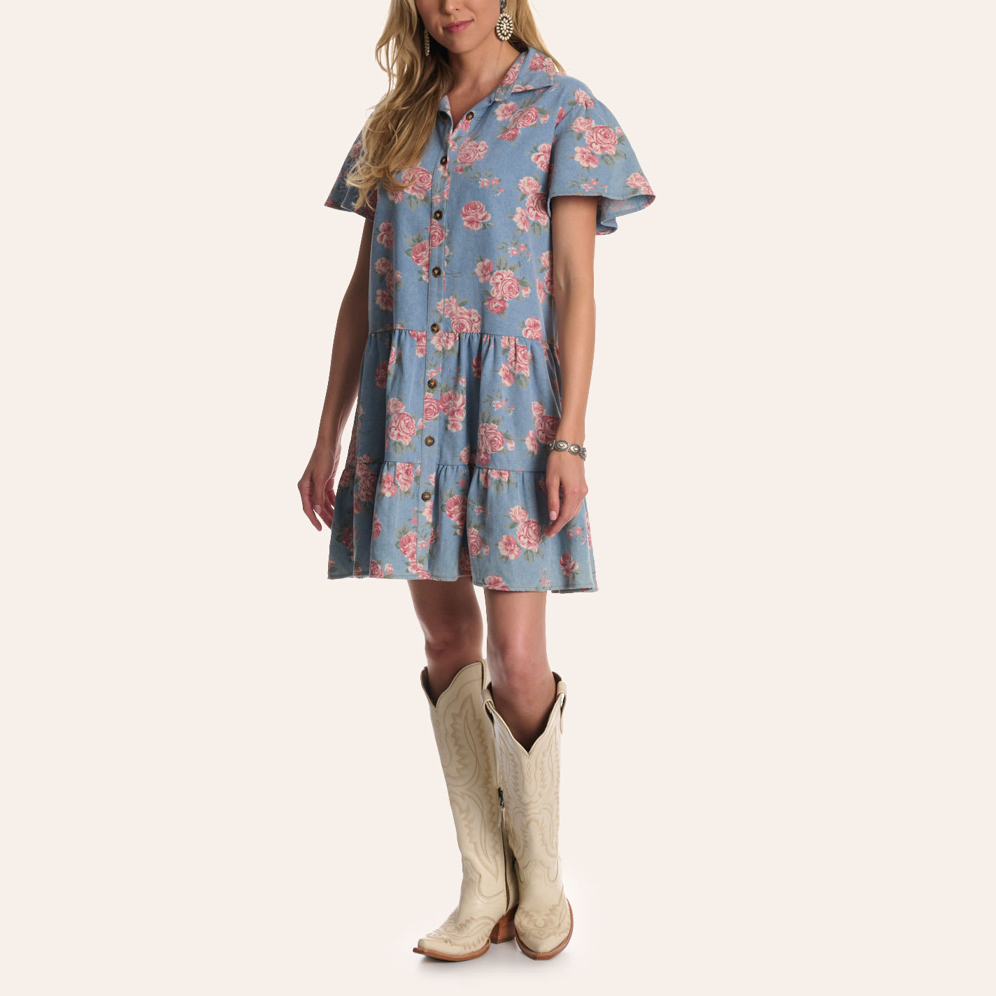 Grace & Emma Women's Blue Floral Print Tiered Mini Shirt Dress