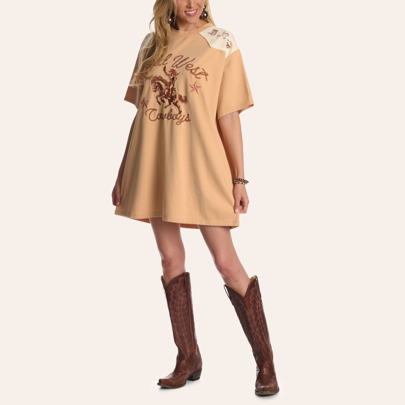 Grace & Emma Women's Pastel Orange Wild West Graphic T-shirt Dress